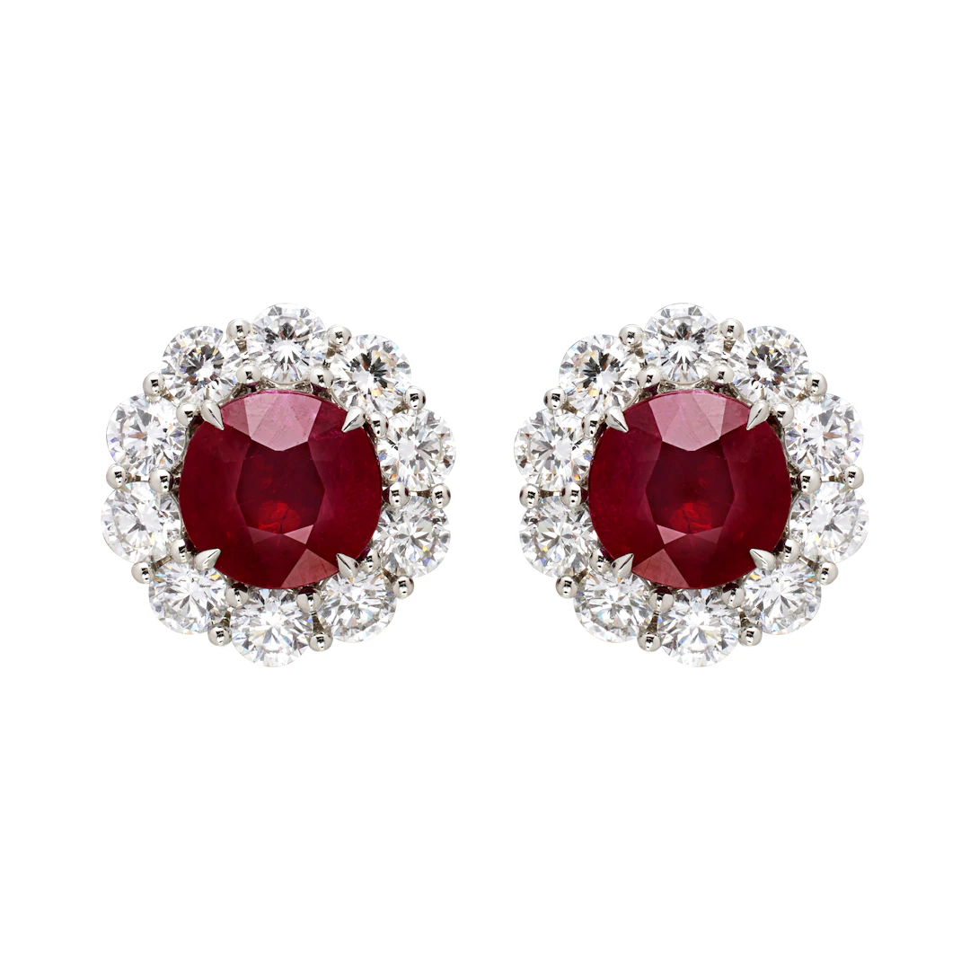 Platinum, 3.81ctw Burmese Pigeon's Blood Ruby and Diamond Stud Earrings