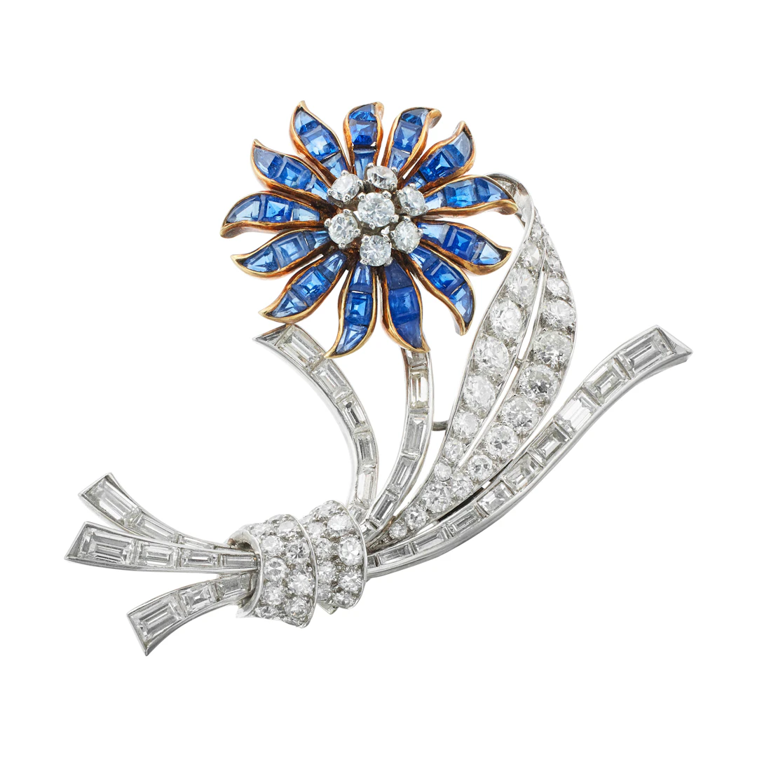 Vintage Platinum, Gold, Sapphire and Diamond Flower Brooch