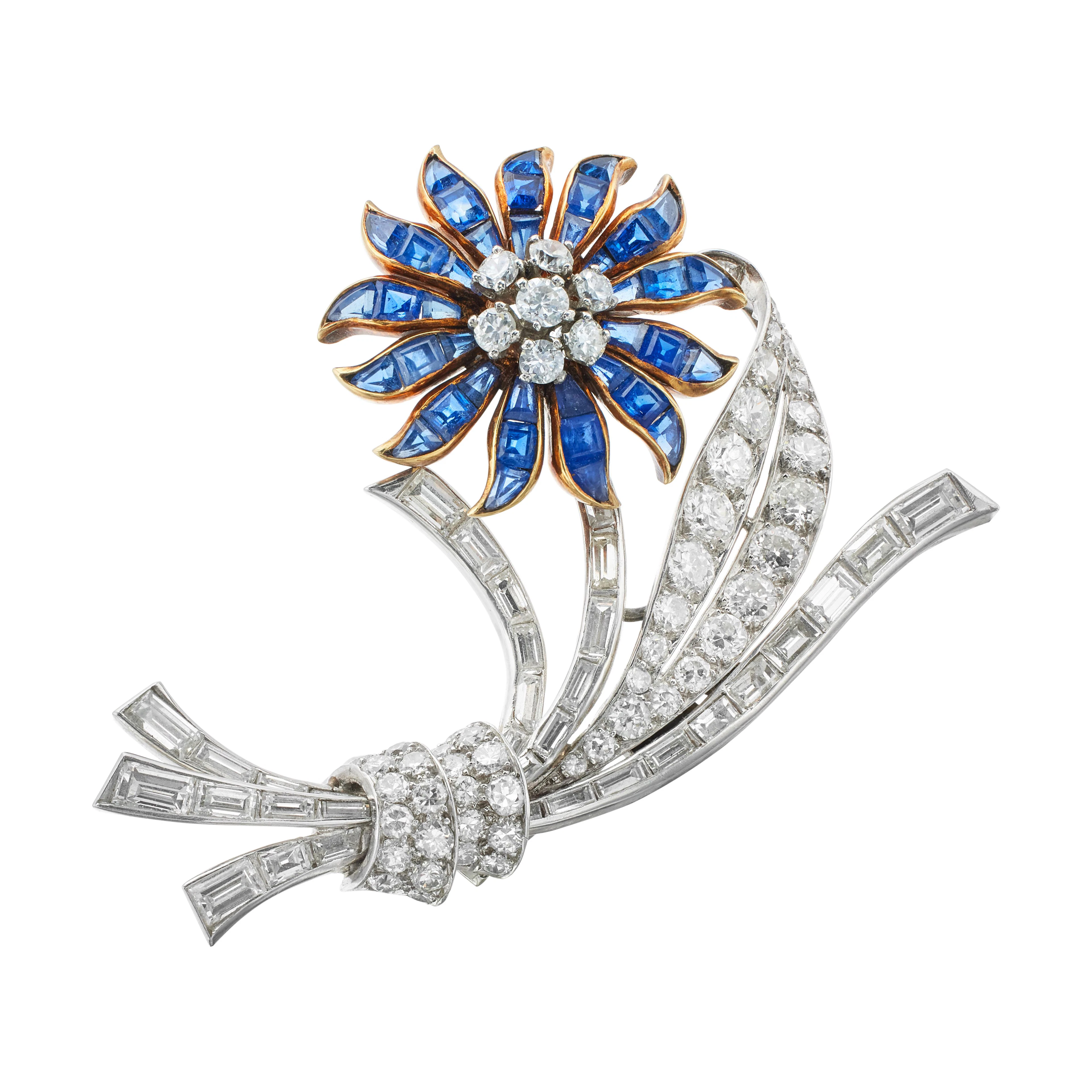 Vintage Platinum, Gold, Sapphire and Diamond Flower Brooch