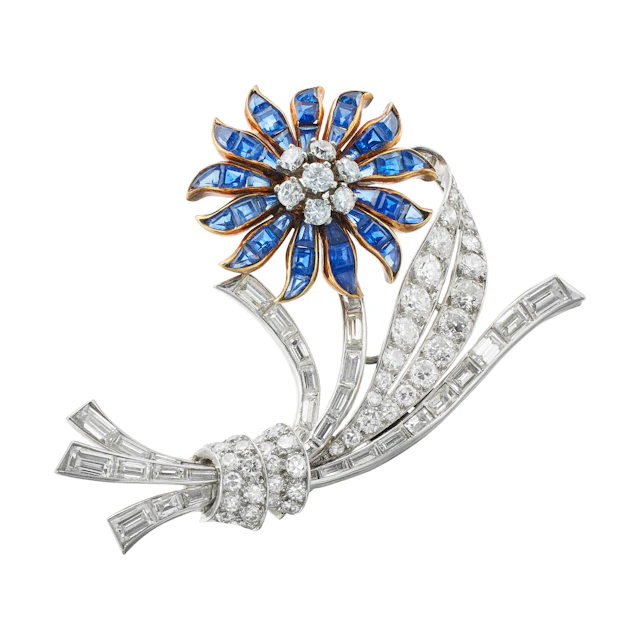 Vintage Platinum, Gold, Sapphire and Diamond Flower Brooch