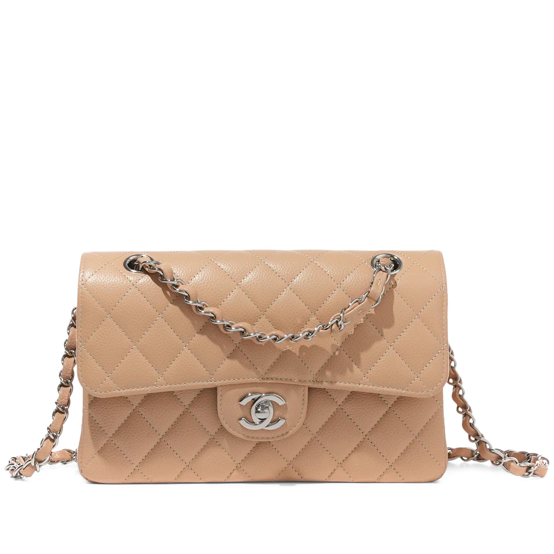 Beige Quilted Caviar Small Timeless Double Flap Silver Hardware