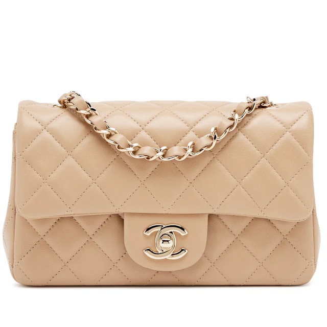 Dark Beige Milk Tea Quilted Lambskin Mini Rectangular Classic Flap