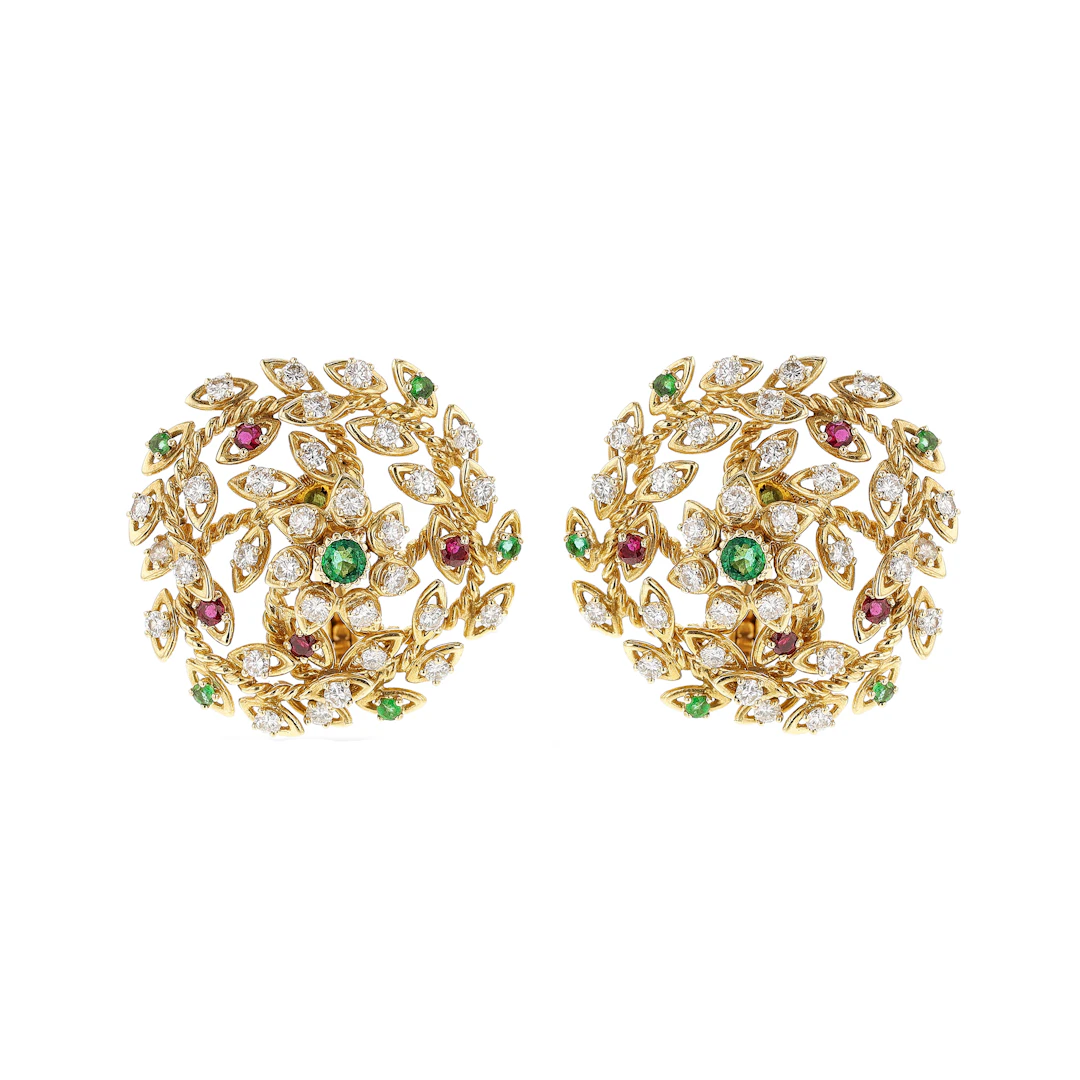 Gold, Ruby, Emerald and Diamond Floral Earclips