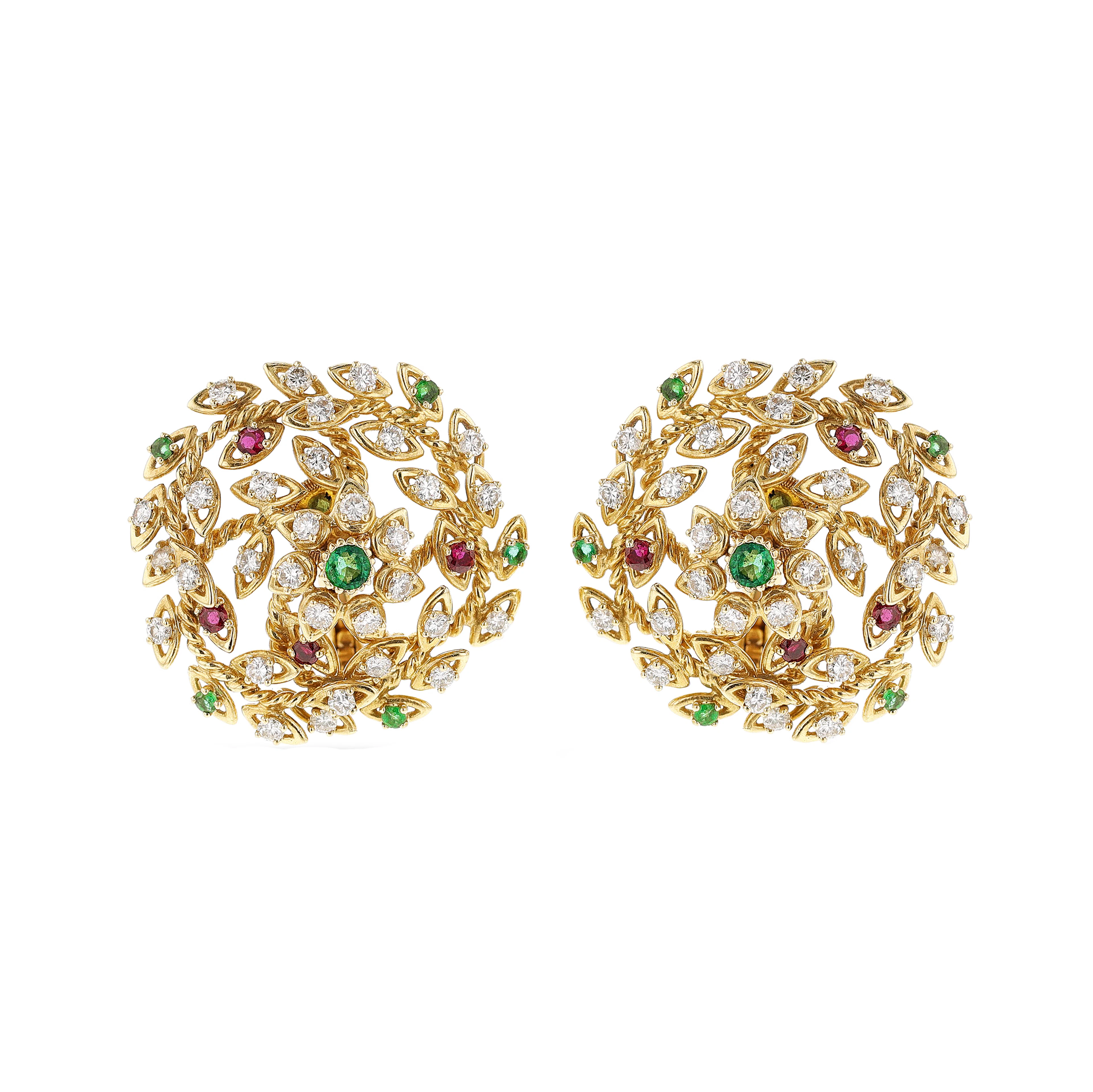 Gold, Ruby, Emerald and Diamond Floral Earclips