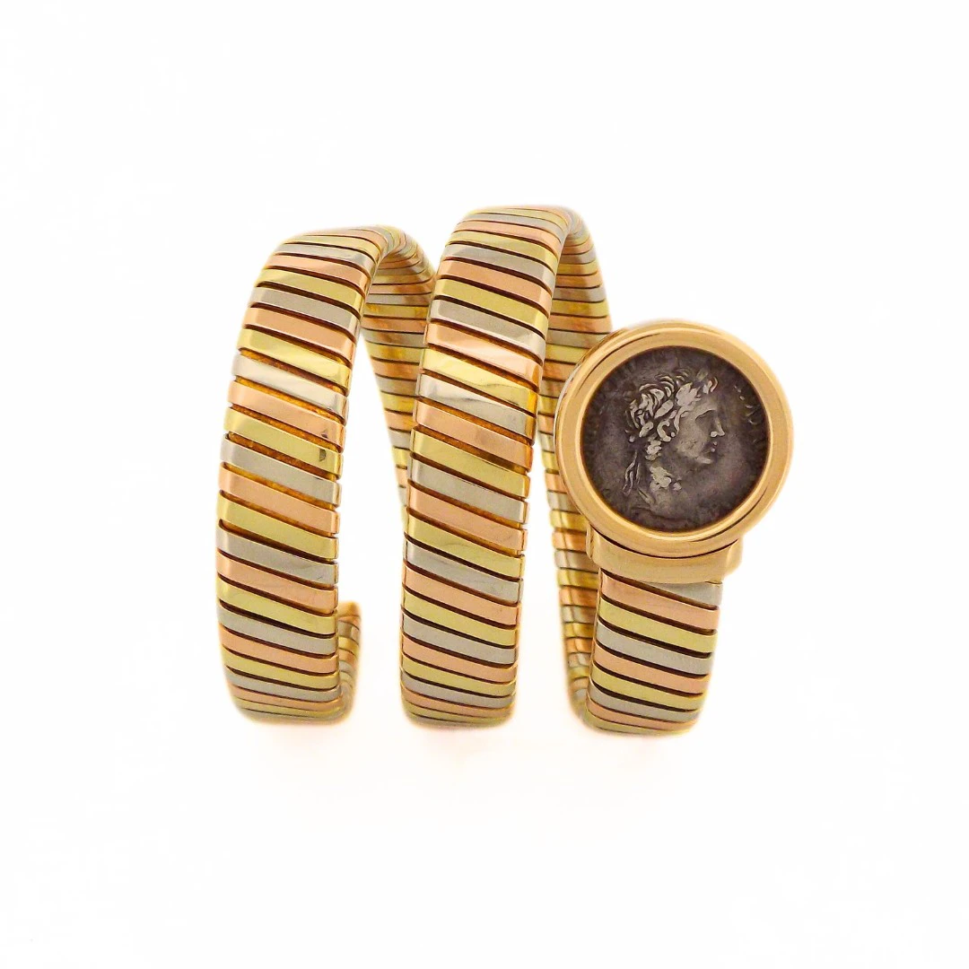 Gold, White Gold, Rose Gold and Ancient Coin Monete Three Row Tubogas Bracelet