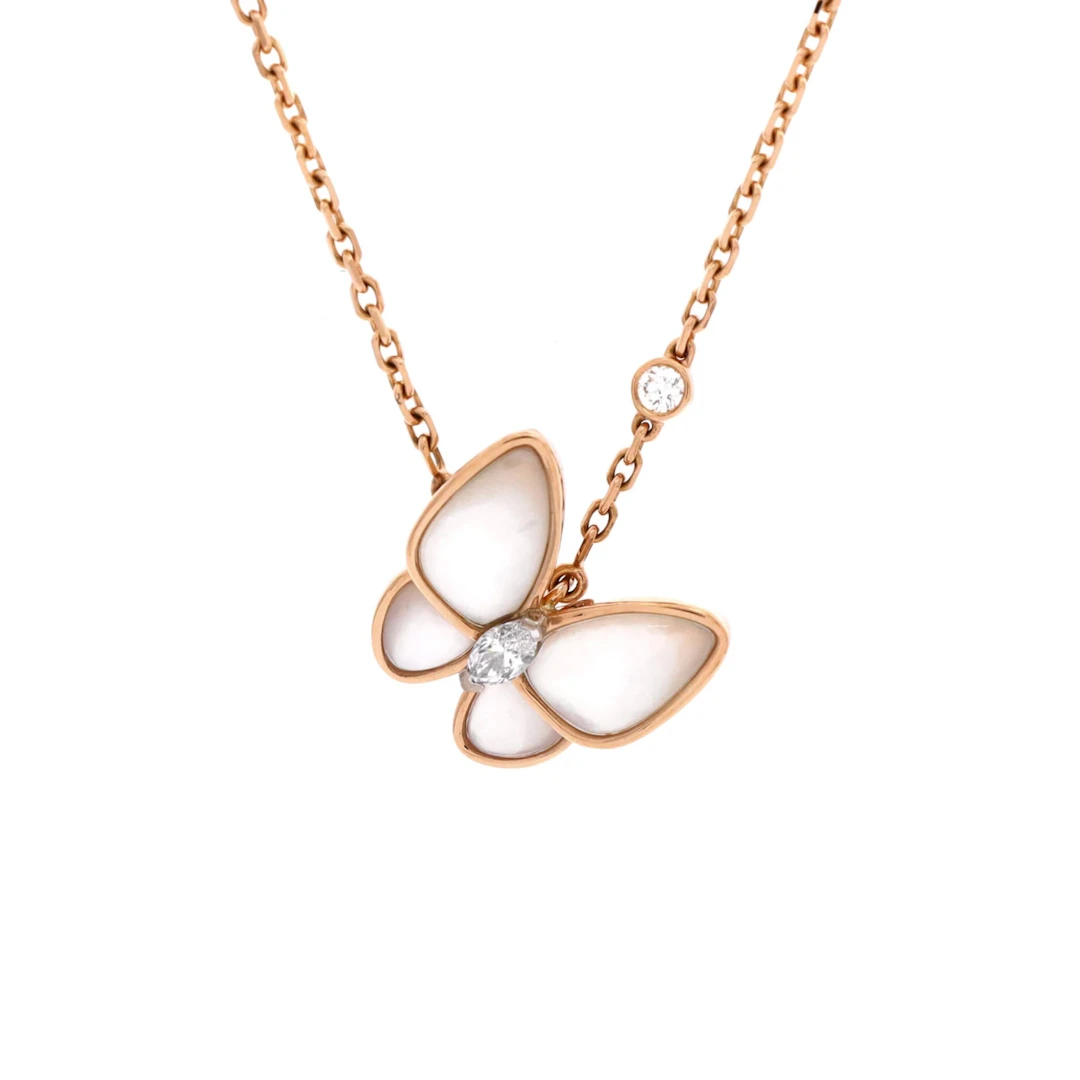 Rose Gold, Mother of Pearl and Diamond Two Butterfly Pendant Necklace