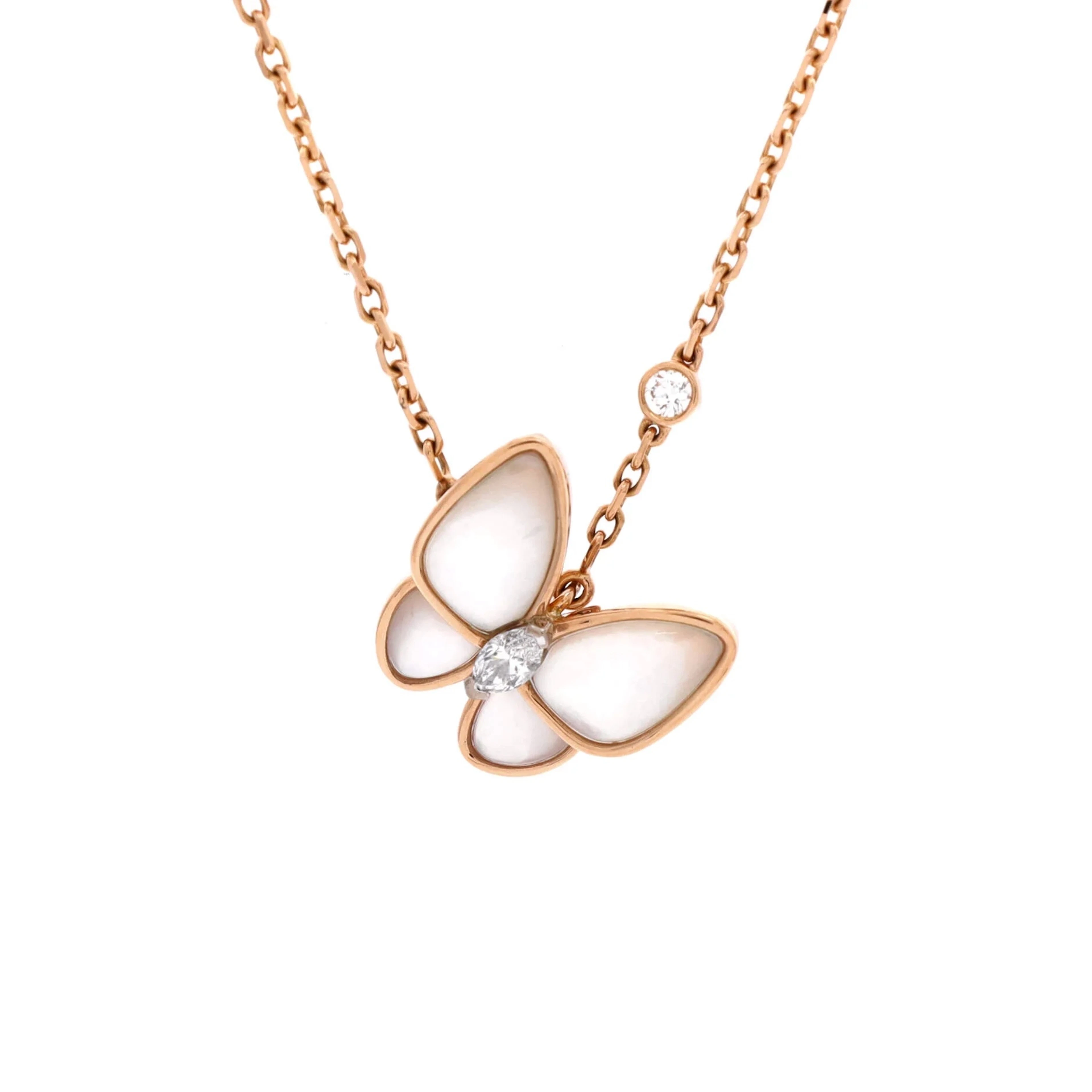 Rose Gold, Mother of Pearl and Diamond Two Butterfly Pendant Necklace