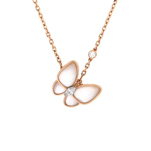 Rose Gold, Mother of Pearl and Diamond Two Butterfly Pendant Necklace