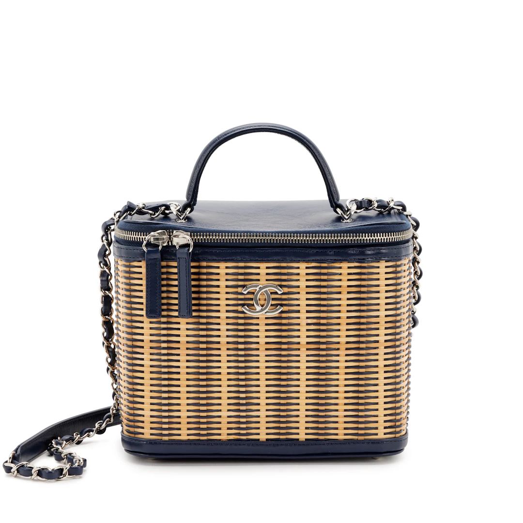 Navy Blue Glazed Calfskin and Beige Raffia Rattan Take Away Vanity