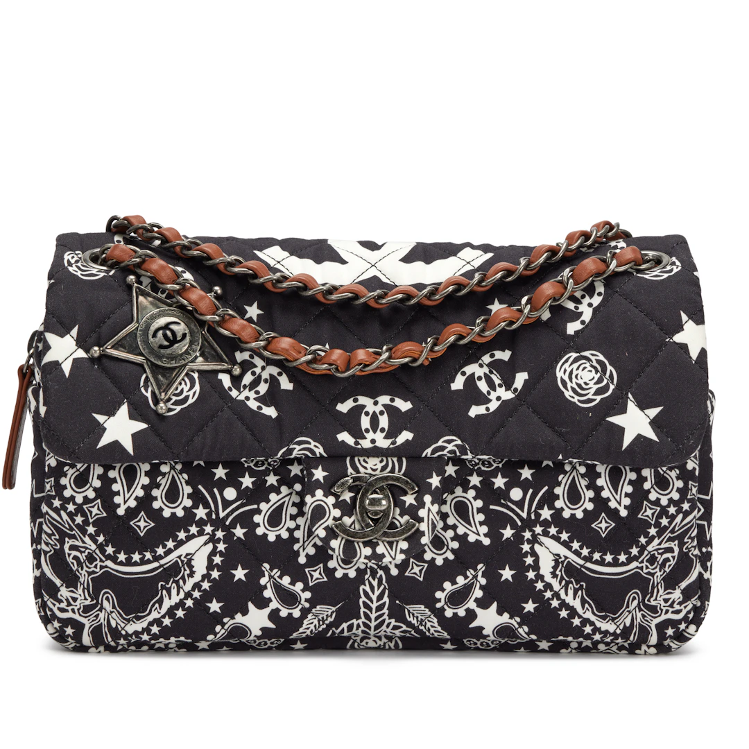 Black and White Quilted Canvas Paris-Dallas Bandana Medium Flap Bag