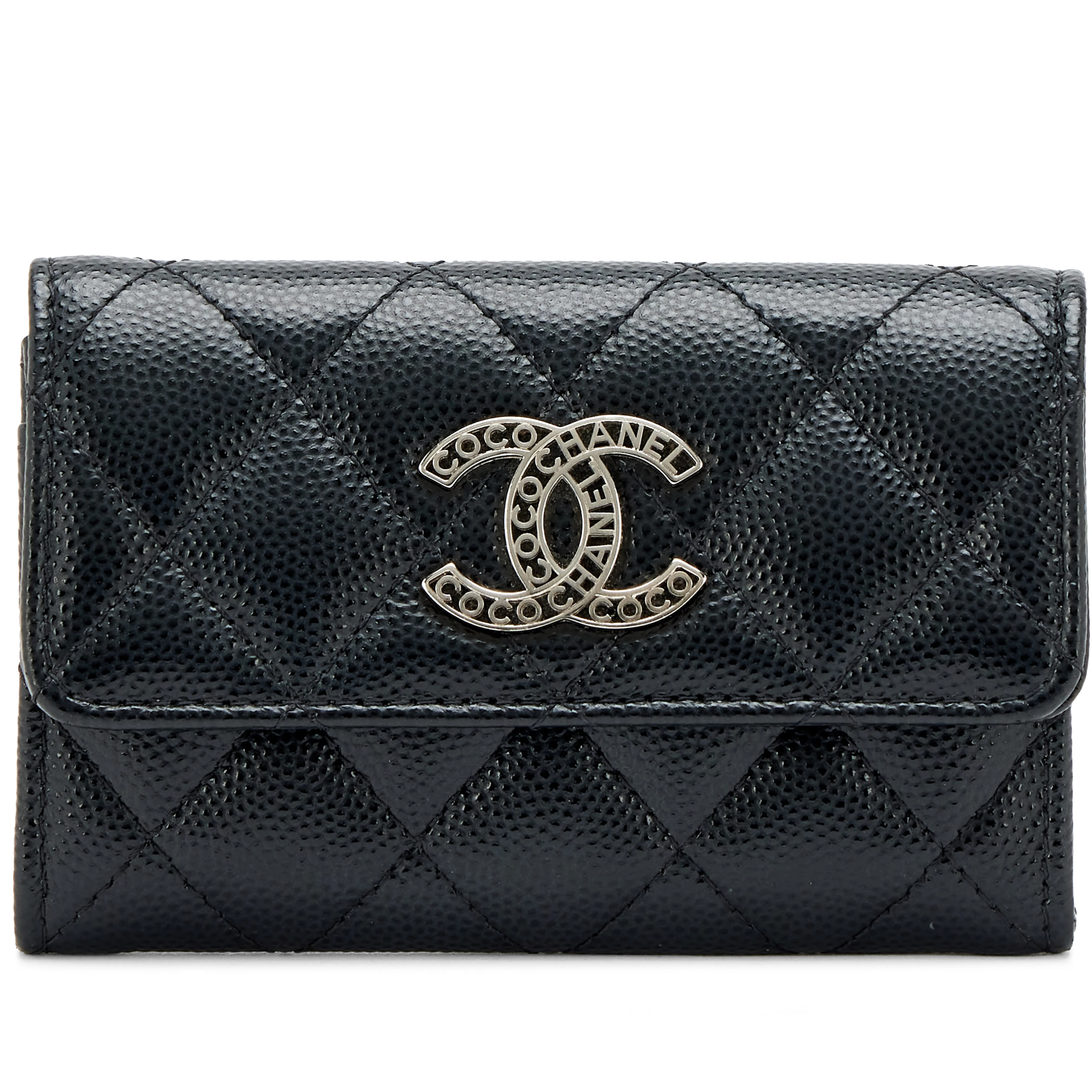 Black Quilted Caviar Letter CC Flap Card Holder Silver Hardware, 2024