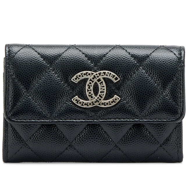 Black Quilted Caviar Letter CC Flap Card Holder Silver Hardware, 2024