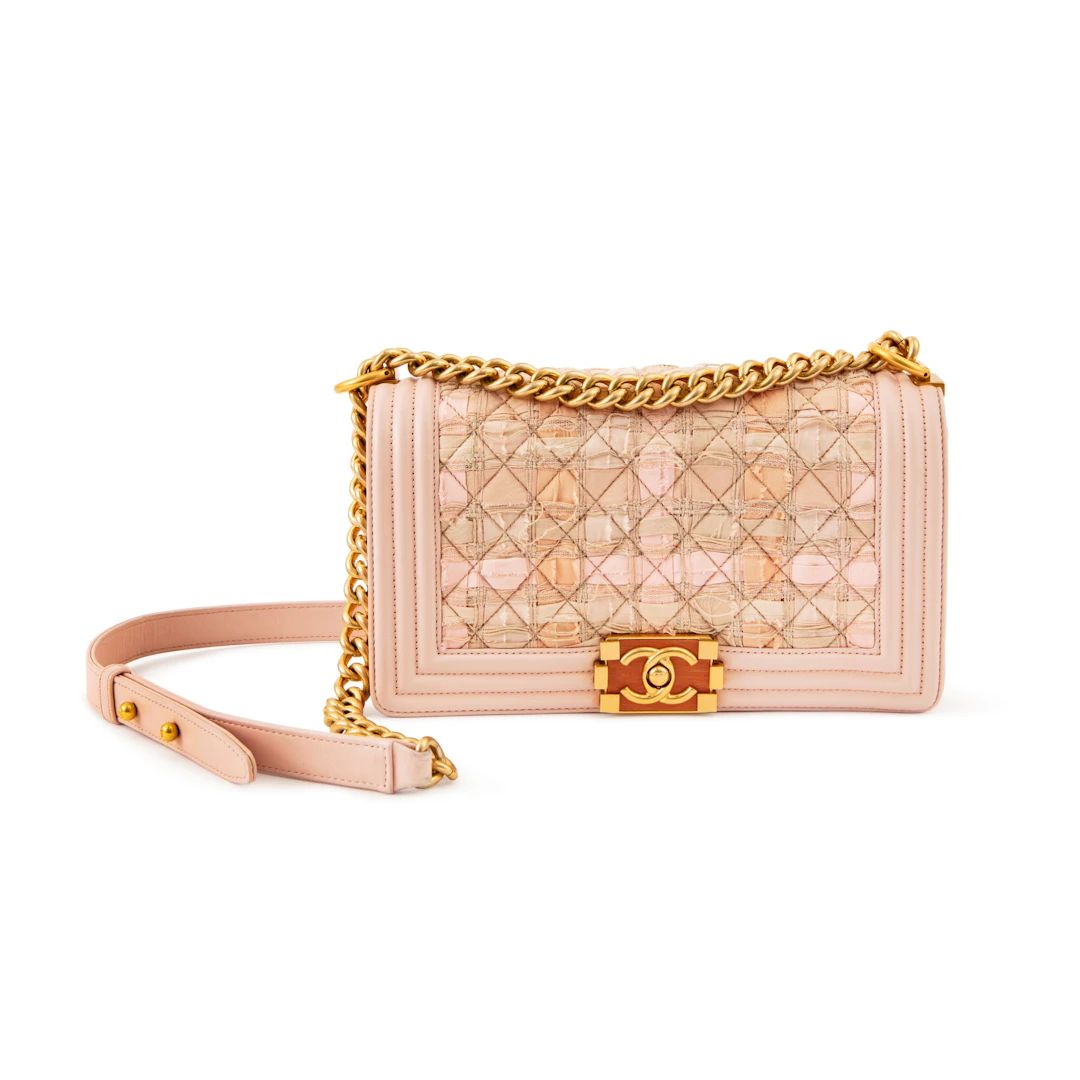 Light Pink and Beige Lambskin Leather and Cuban Tween Boy Bag Medium