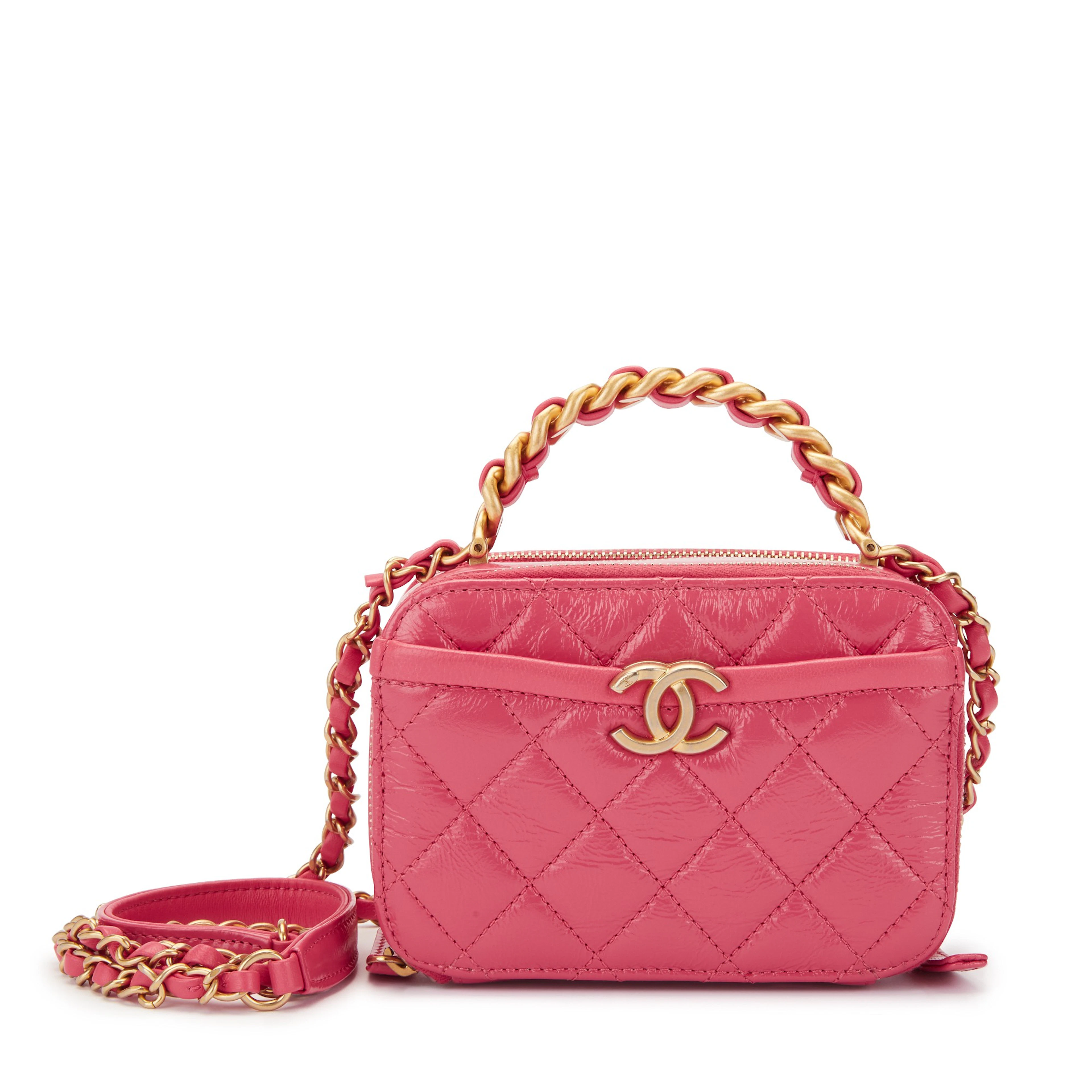 Chanel Pink Quilted Aged Glazed Calfskin Mini Vanity with Chain Gold