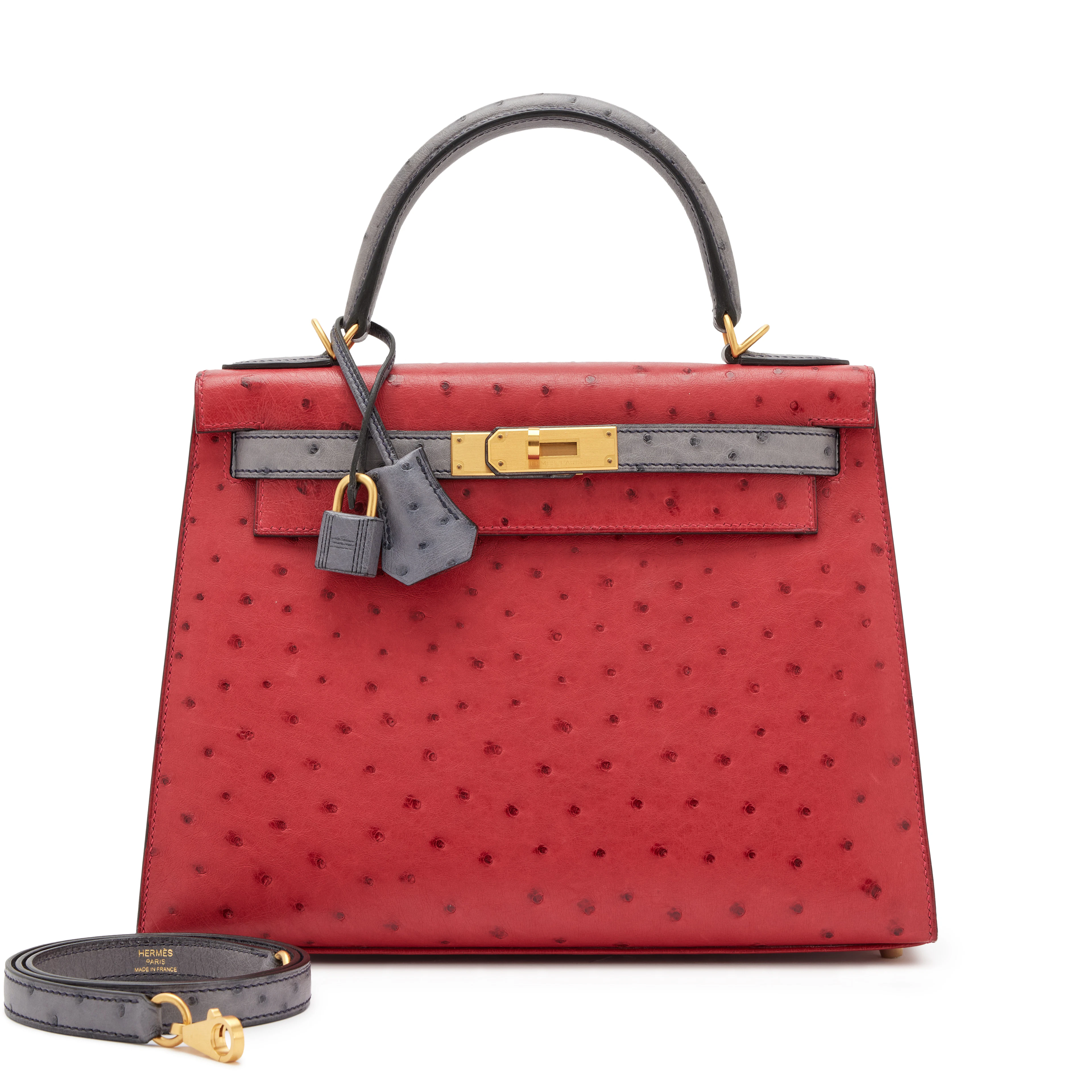 Rouge Vif and Gris Agate Ostrich Sellier HSS Kelly 28 Brushed Gold