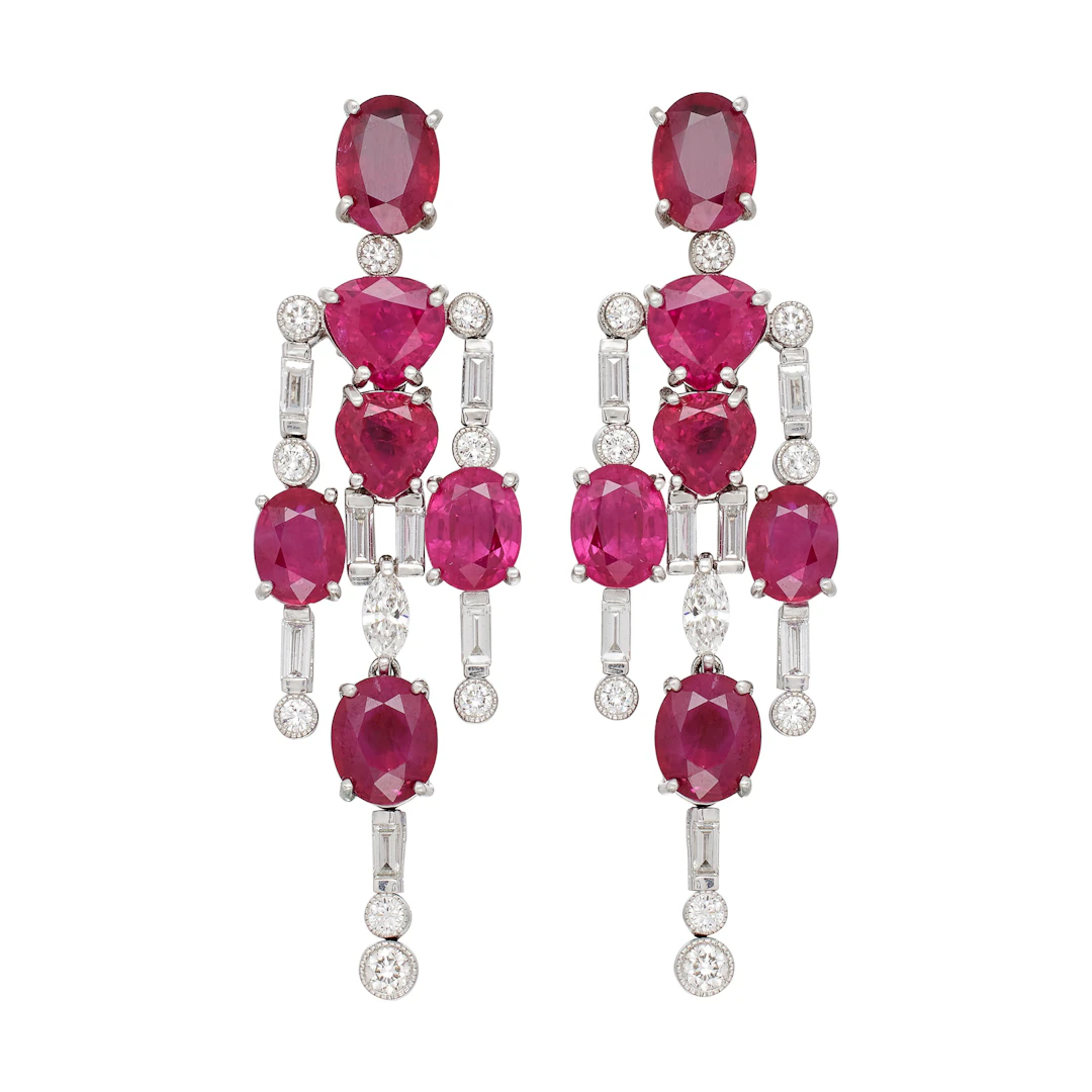 Platinum, 13.88ctw Burmese Ruby and Diamond Earrings
