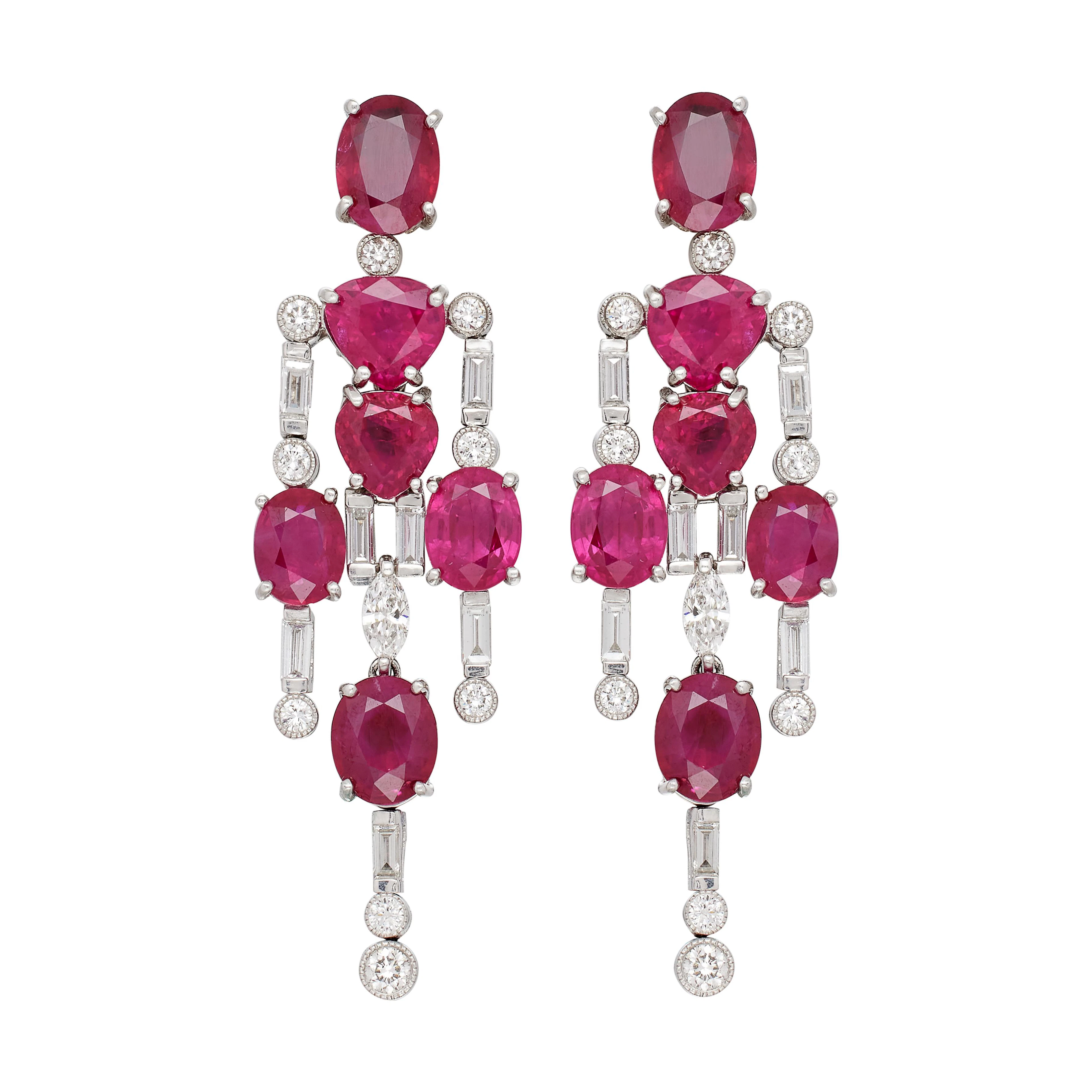 Platinum, 13.88ctw Burmese Ruby and Diamond Earrings