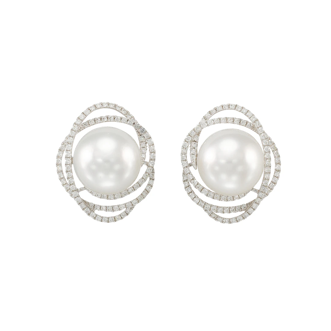 White Gold, Cultured Pearl and Diamond Stud Earrings