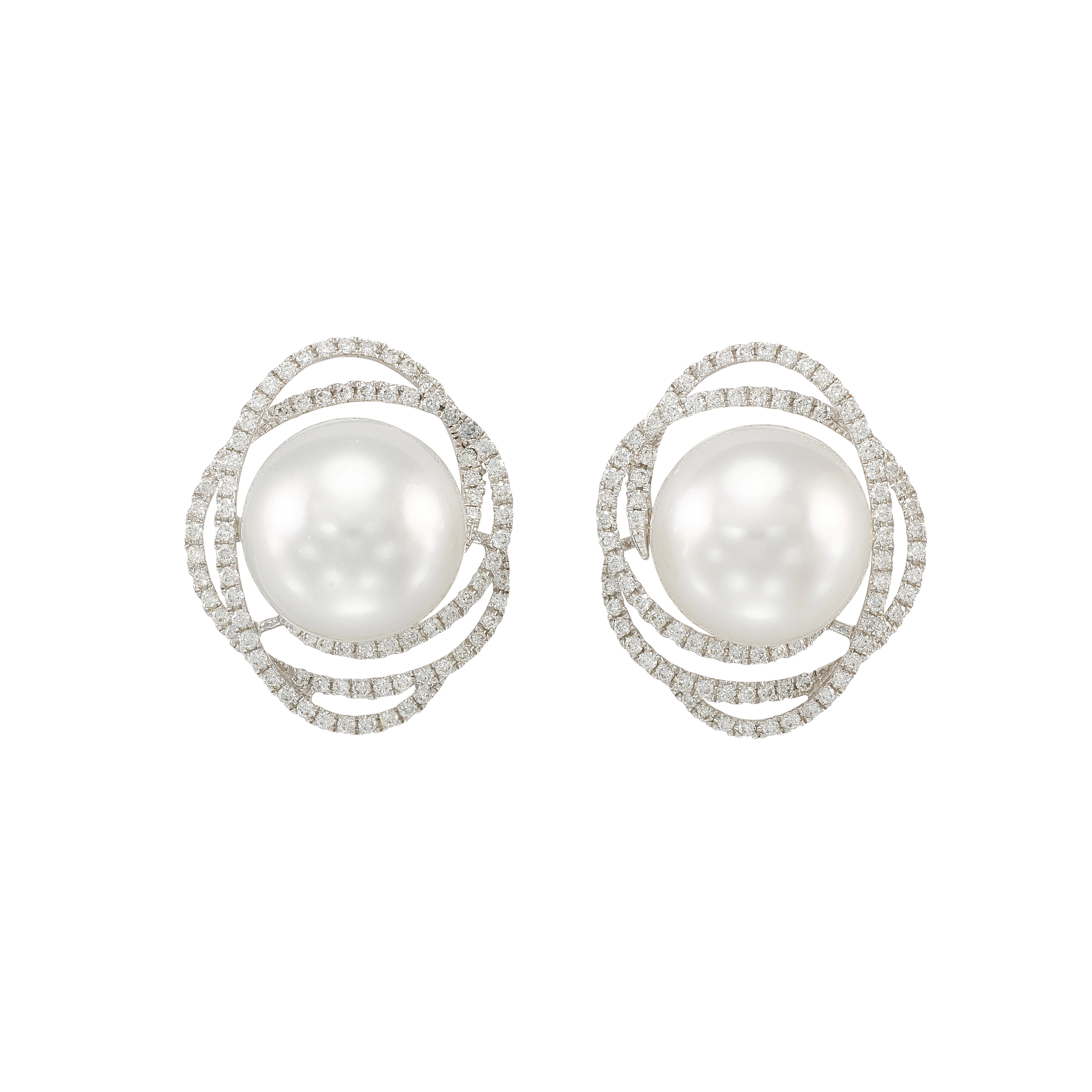 White Gold, Cultured Pearl and Diamond Stud Earrings