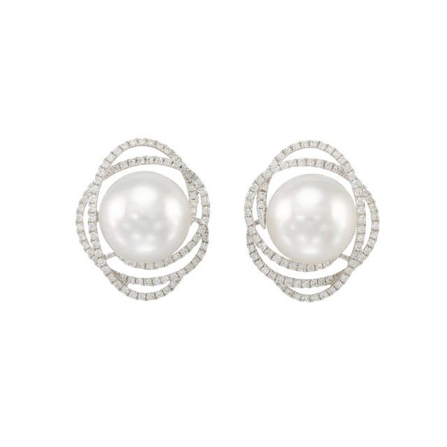 White Gold, Cultured Pearl and Diamond Stud Earrings
