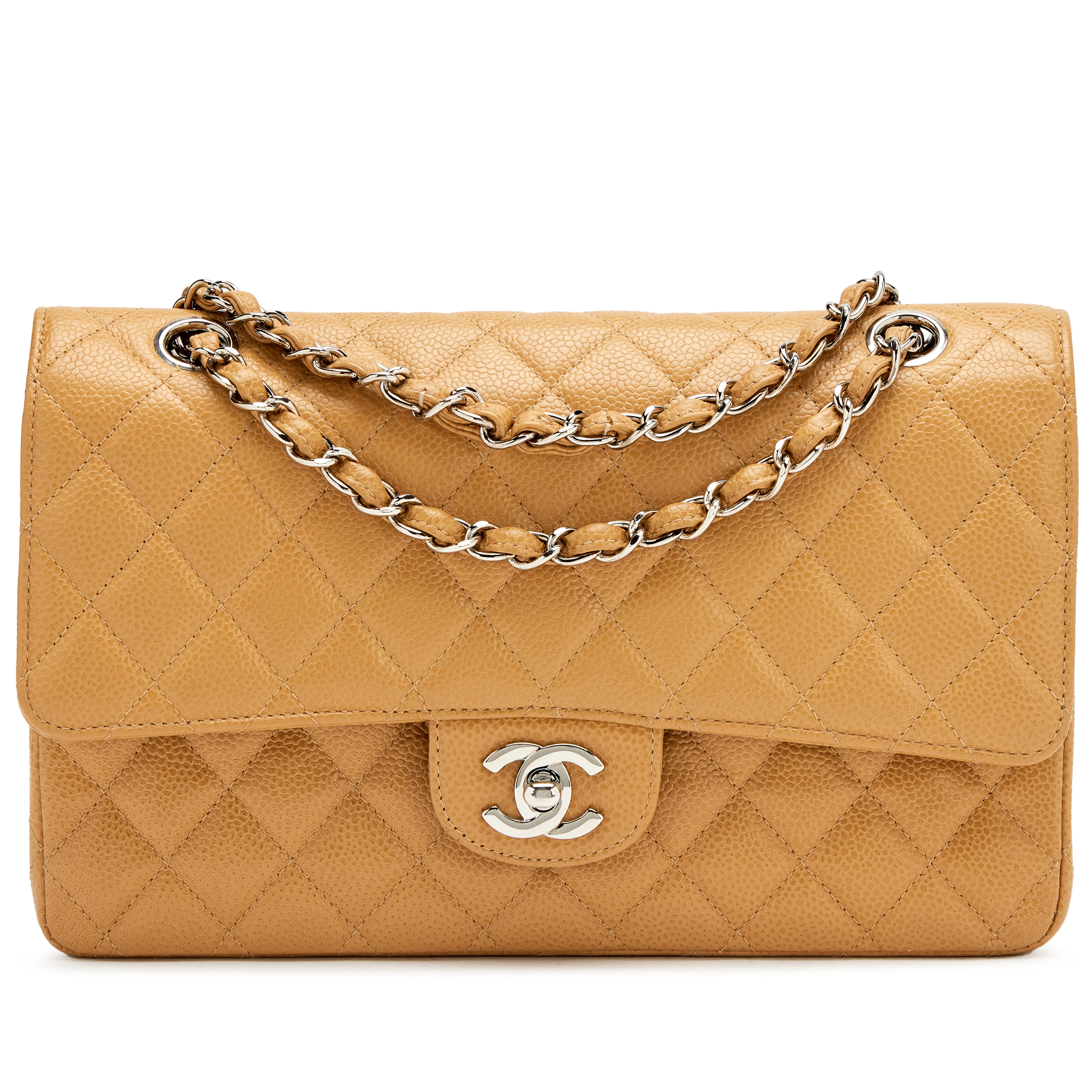 Vintage Camel Beige Quilted Caviar Medium Classic Double Flap Bag