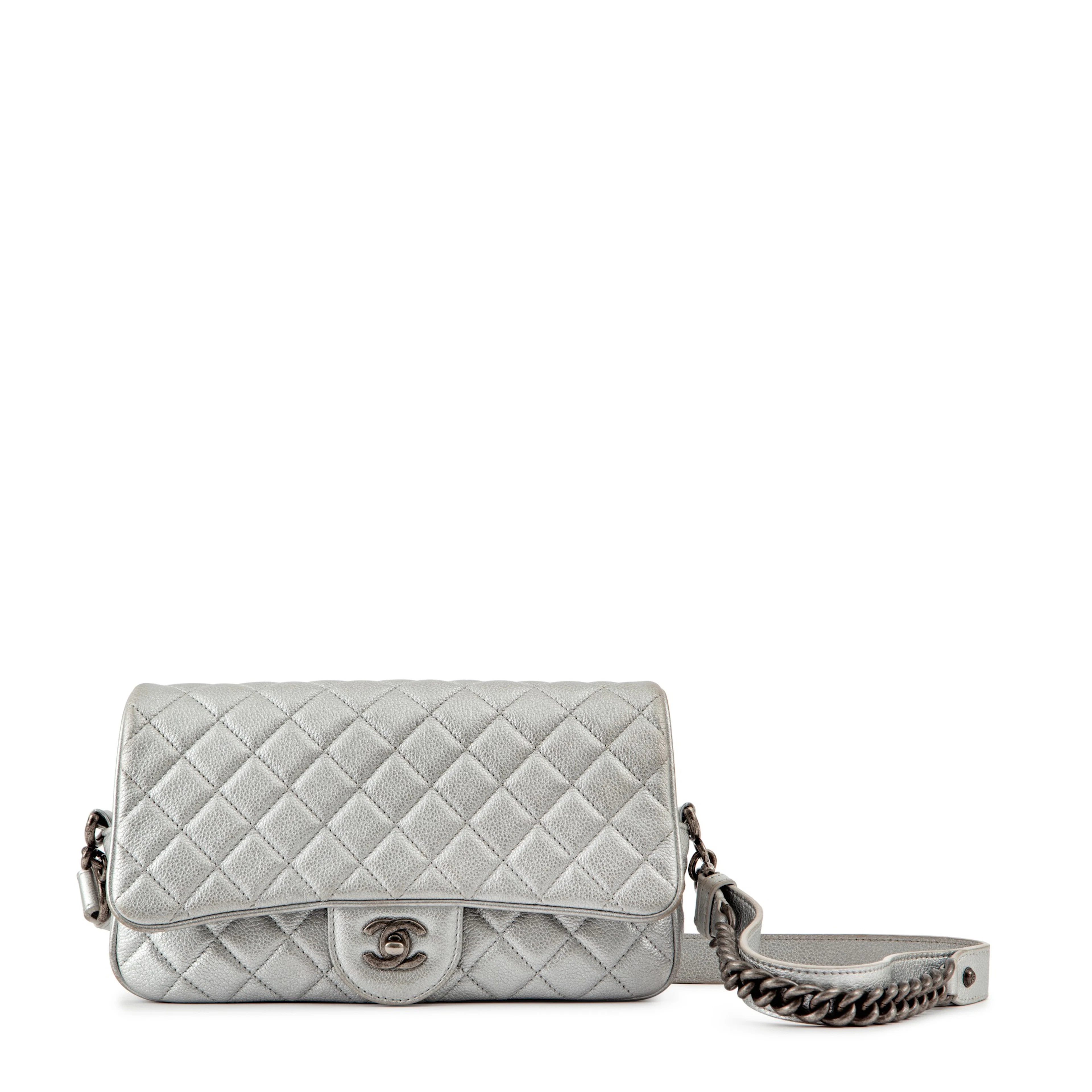 Metallic Silver Quilted Caviar Leather Casual Rock Single Flap Bag