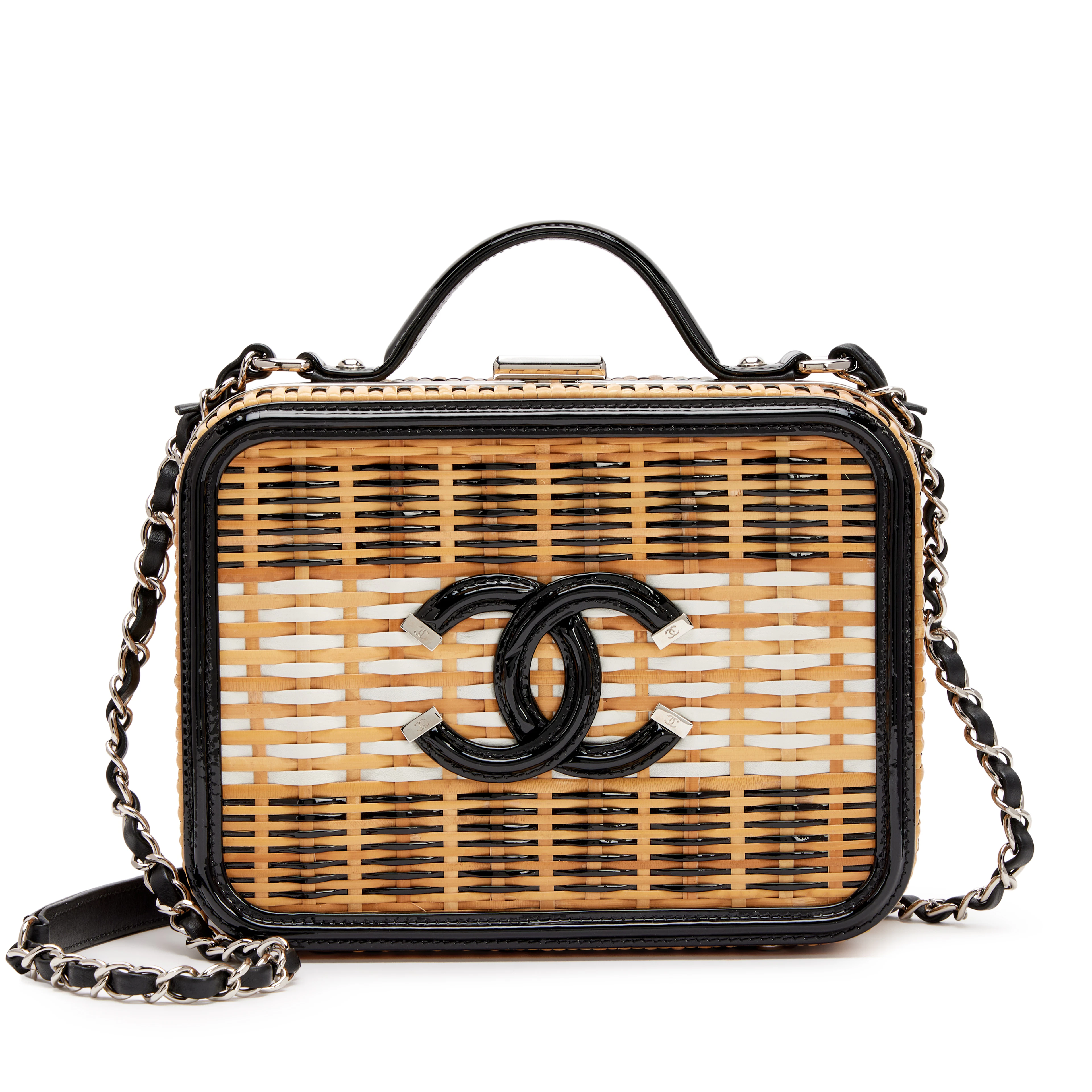 Black Patent Leather and Natural Rattan Wicker CC Filigree Medium