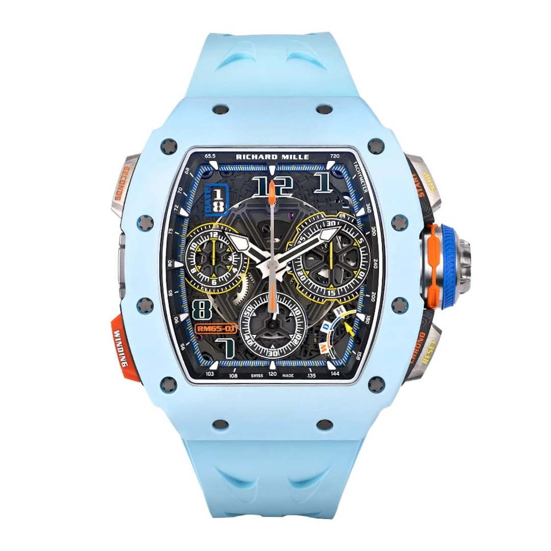 RM 65-01 Pastel Blue (Reference RM 65-01). A 49.9mm quartz TPT carbon