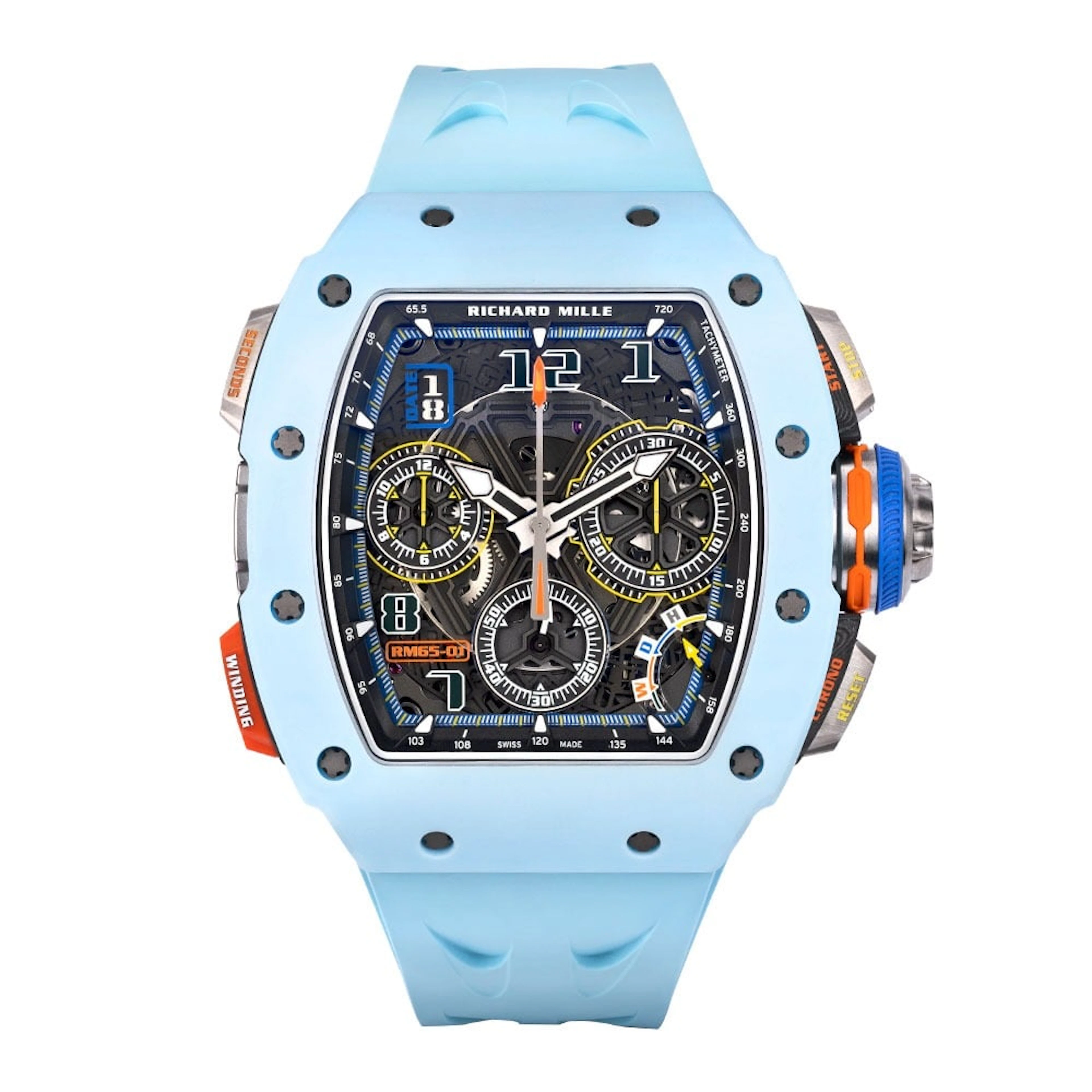 RM 65-01 Pastel Blue (Reference RM 65-01). A 49.9mm quartz TPT carbon