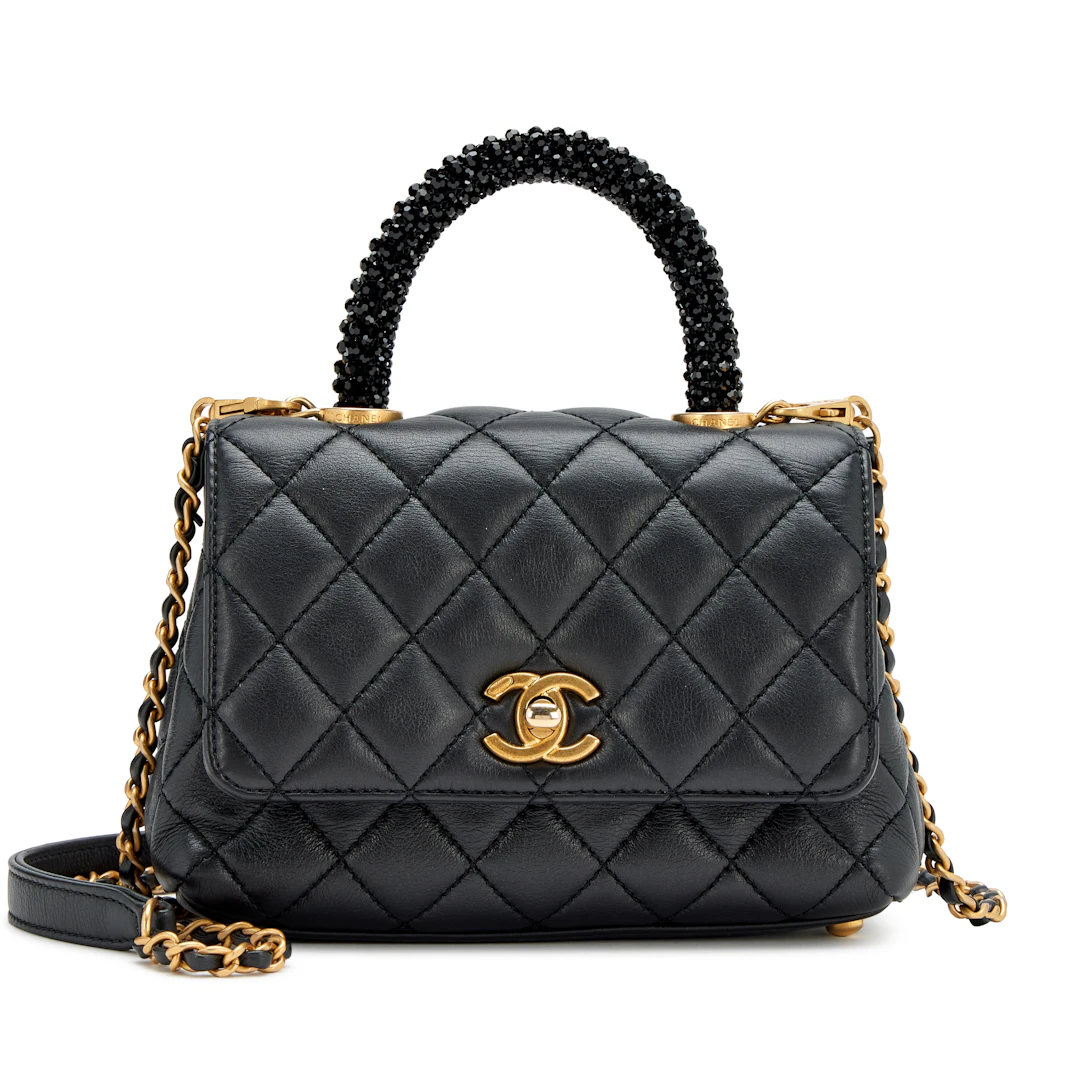 Black Quilted Lambskin Mini Coco Crystal Top Handle Flap Bag Aged