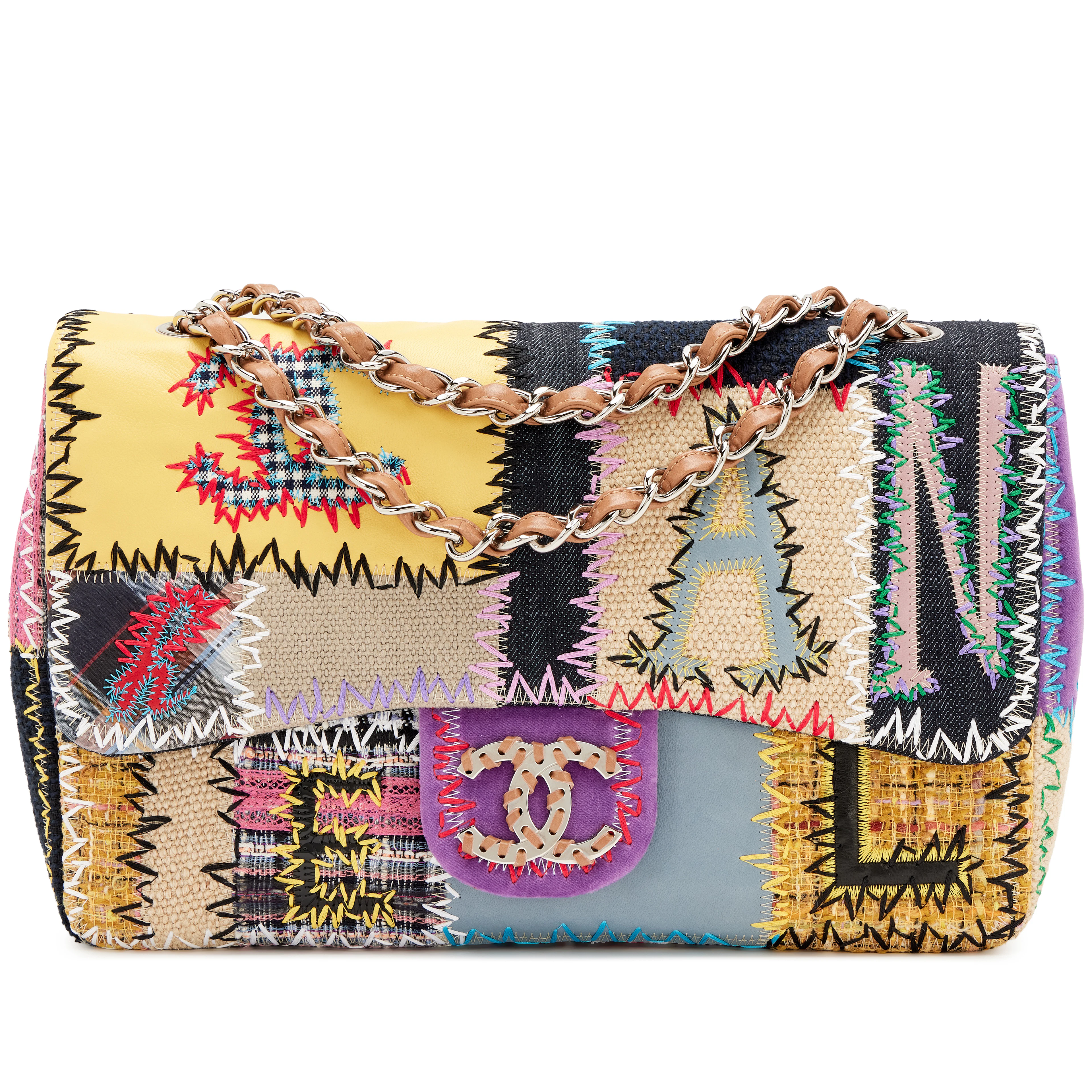 Rainbow Tweed, Textile and Leather Patchwork Denim Jumbo Single Flap