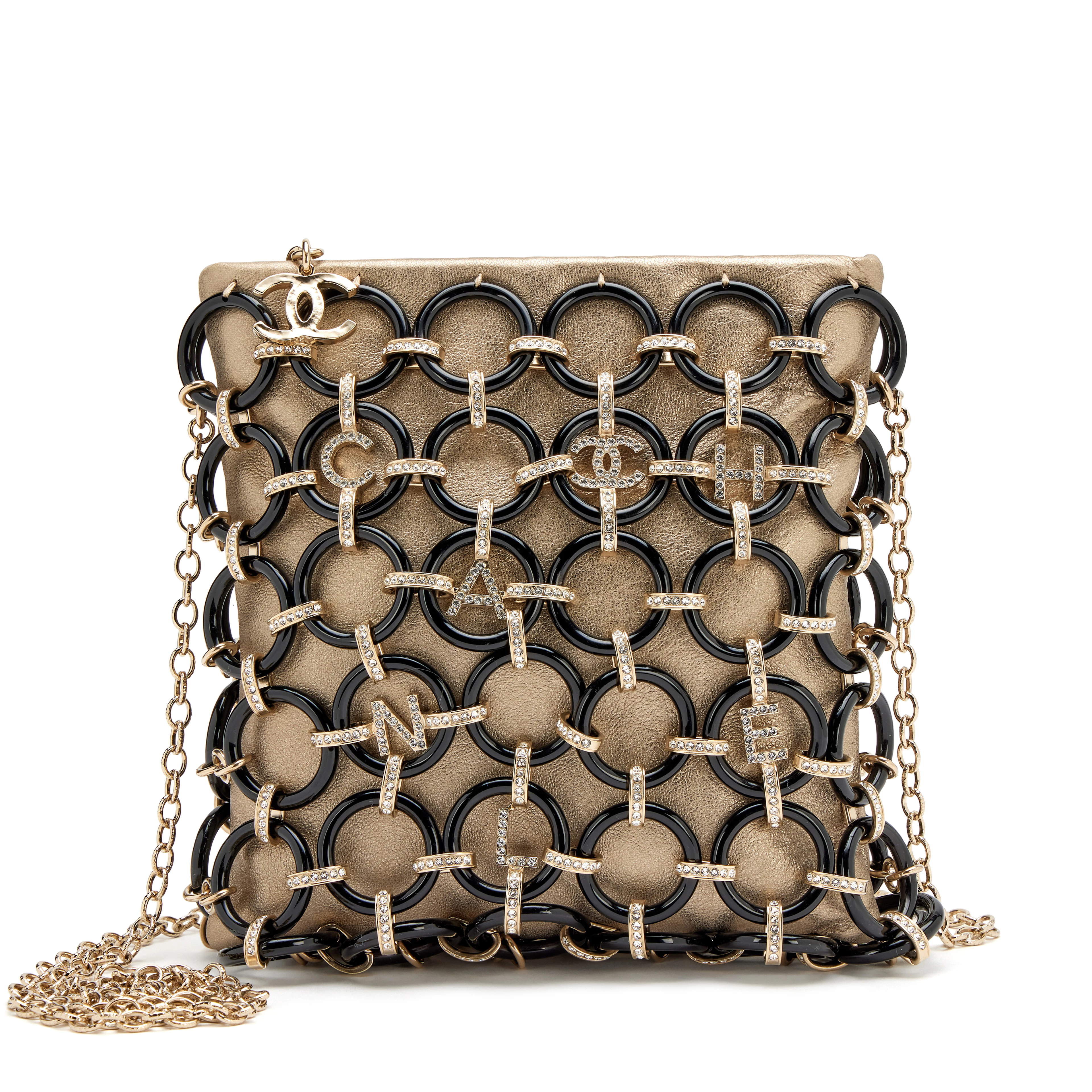 Chanel Metallic Gold Calfskin Acetate Crystal CC Embellishments Black