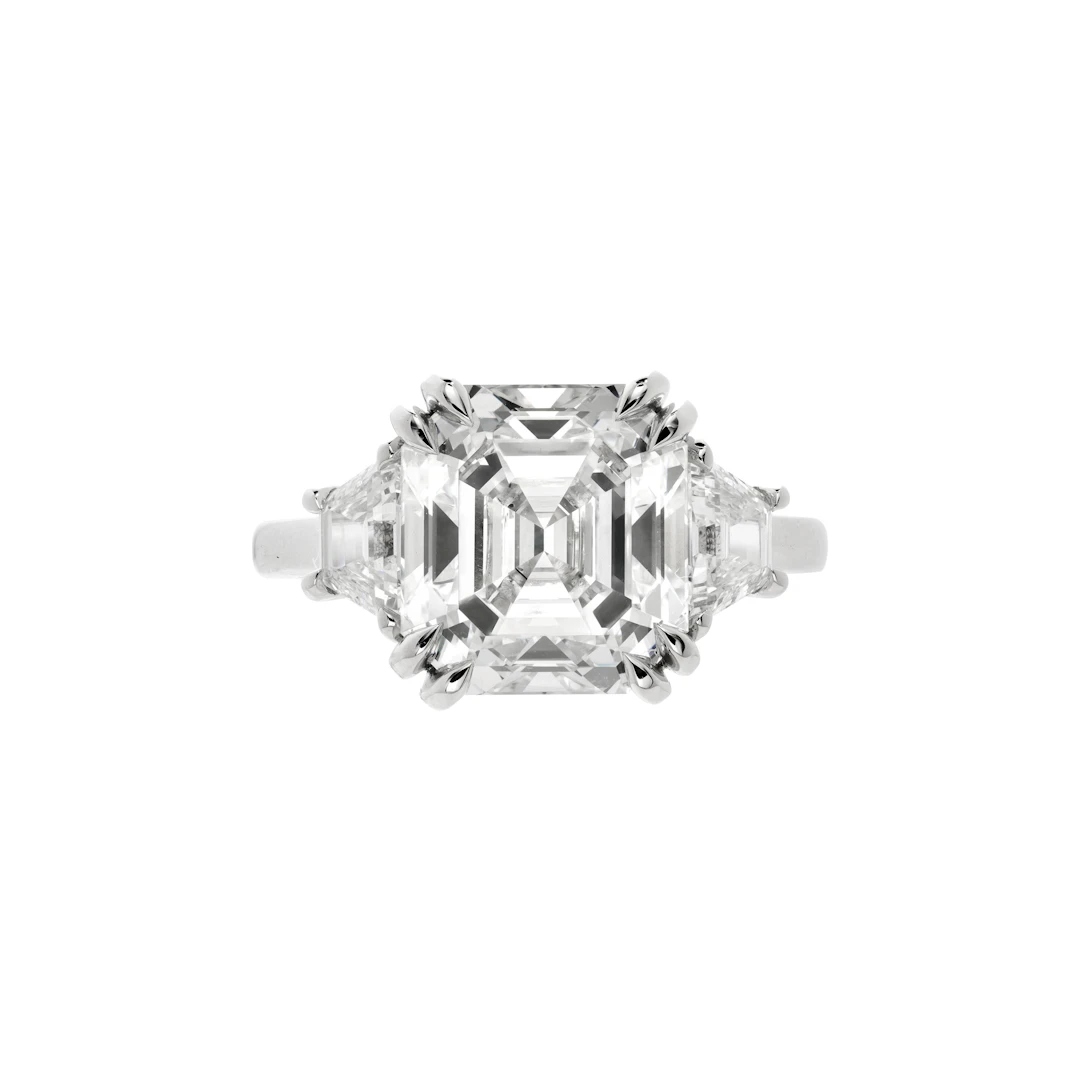 Platinum and 5.67ct Asscher Cut Diamond Three Stone Engagement Ring