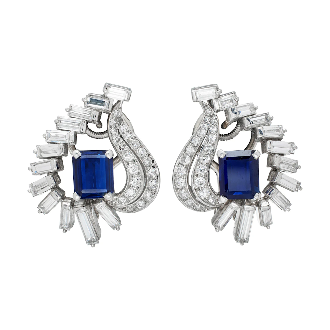 Vintage Platinum, Sapphire and Diamond Earclips