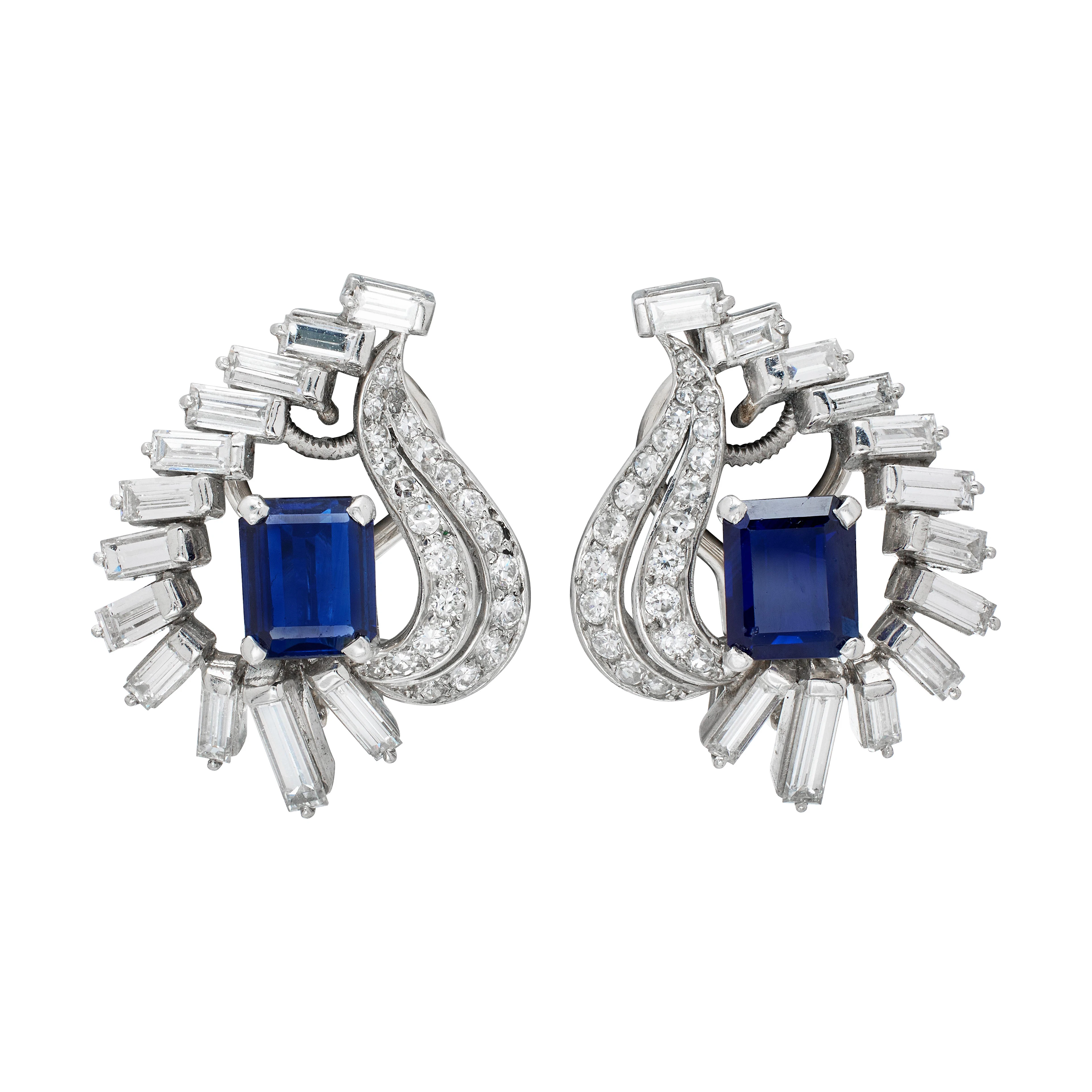 Vintage Platinum, Sapphire and Diamond Earclips
