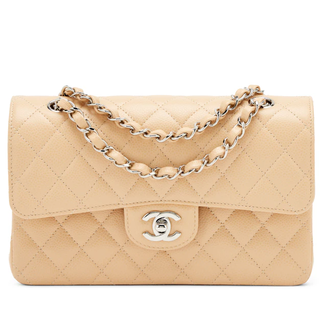 Beige Clair Quilted Caviar Small Classic Double Flap Bag Silver Hardware, 2022