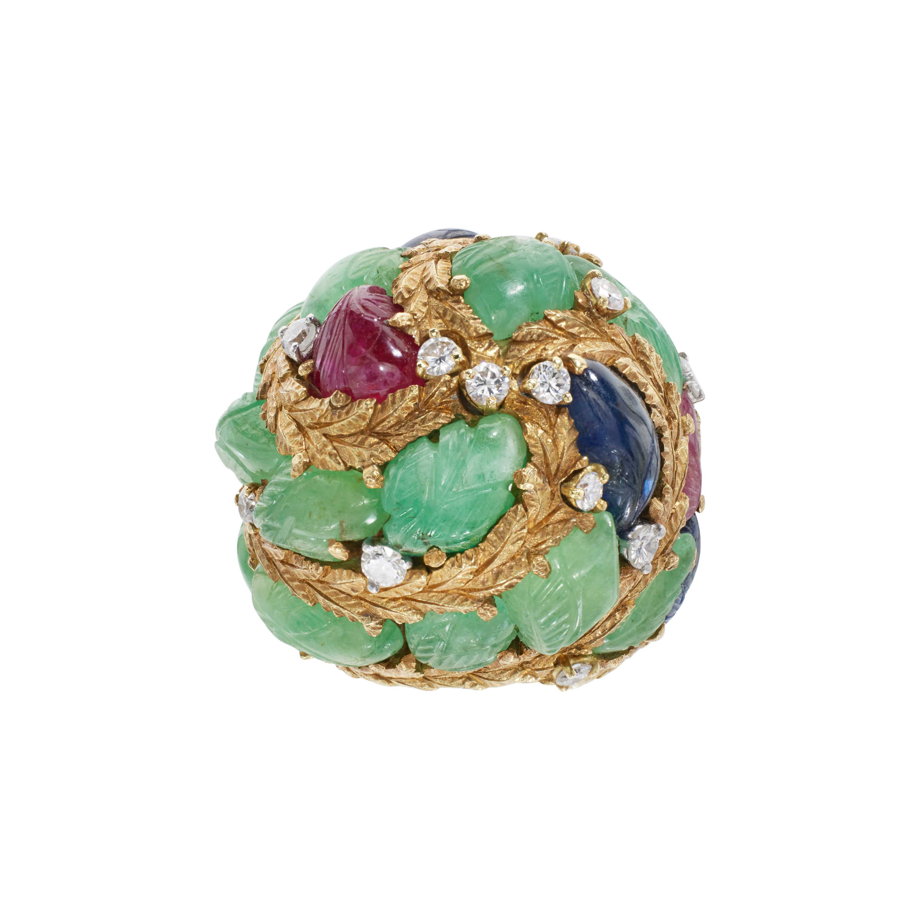 Vintage Gold, Emerald, Ruby, Sapphire, and Diamond Ring