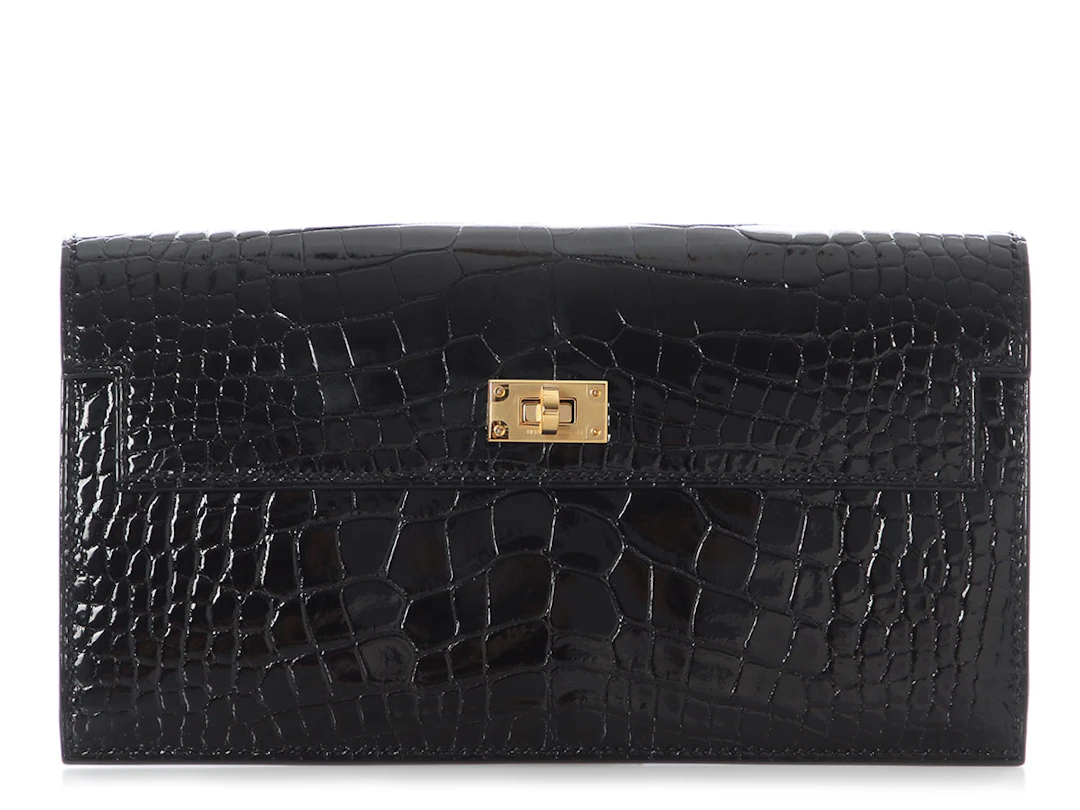 Black Shiny Alligator Kelly Pocket Long Wallet Gold Hardware, 2026