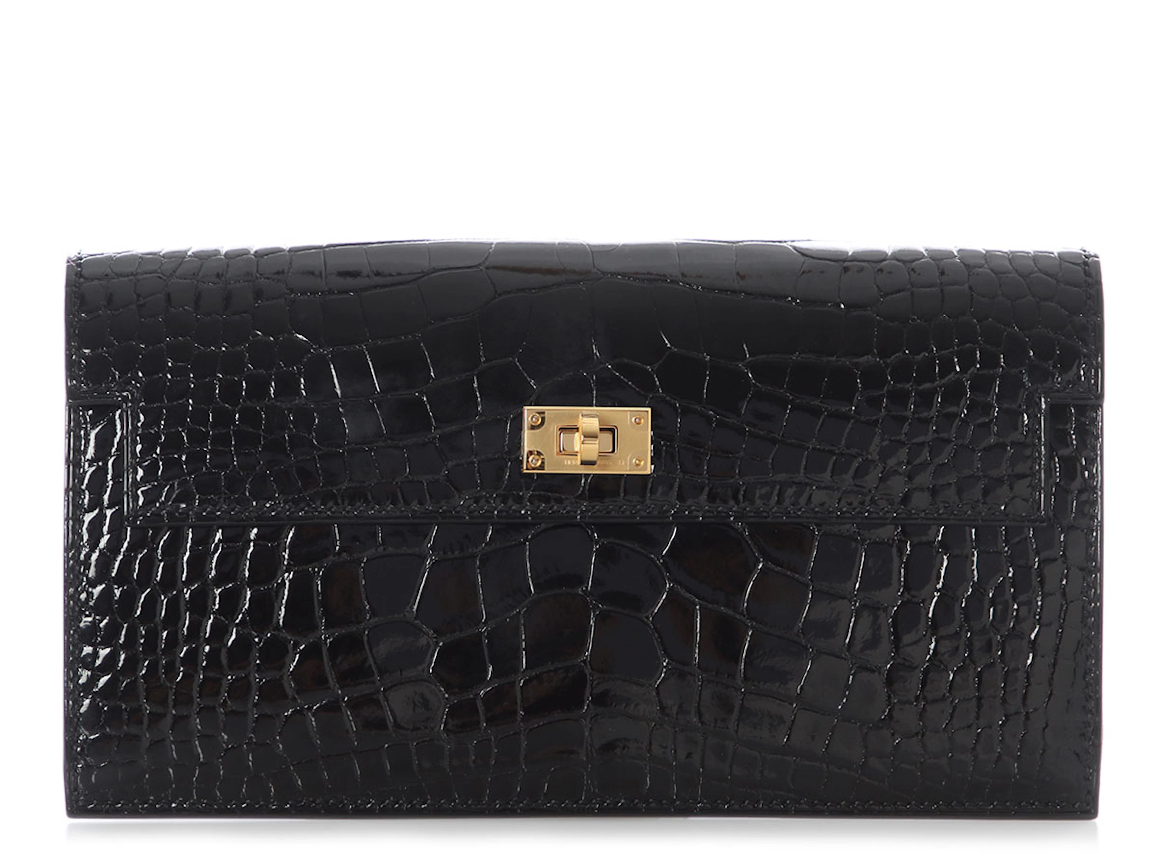 Black Shiny Alligator Kelly Pocket Long Wallet Gold Hardware, 2026