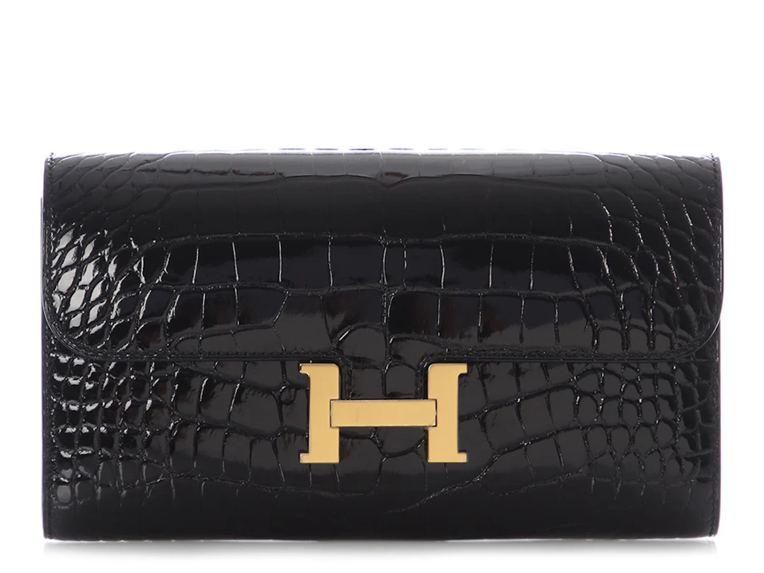 Black Shiny Mississippiensis Alligator Constance-To-Go Wallet Gold