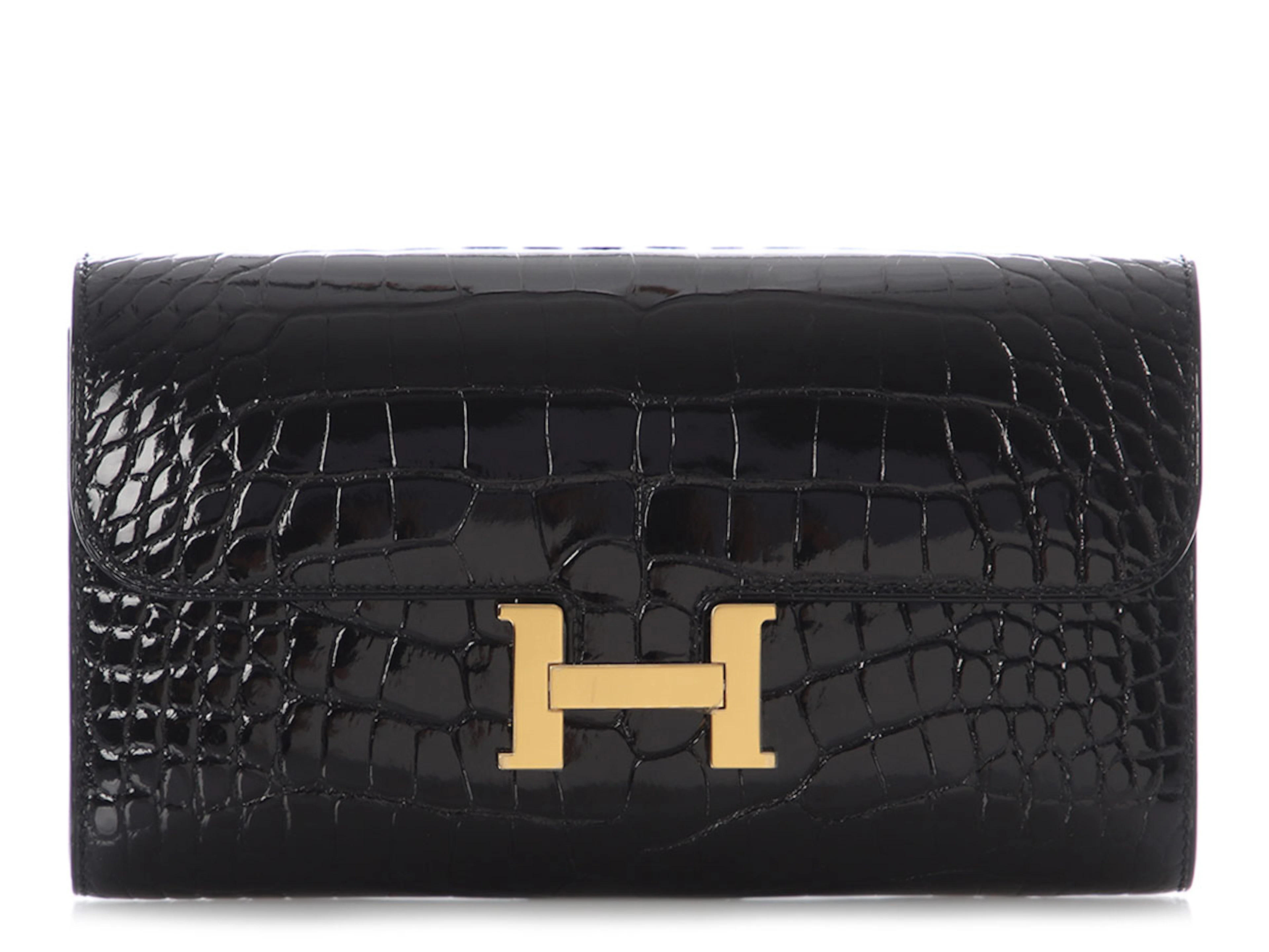Black Shiny Mississippiensis Alligator Constance-To-Go Wallet Gold