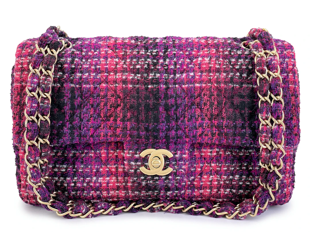 Fuchsia Purple Tweed Fused Chain Medium Classic Double Flap Bag Aged