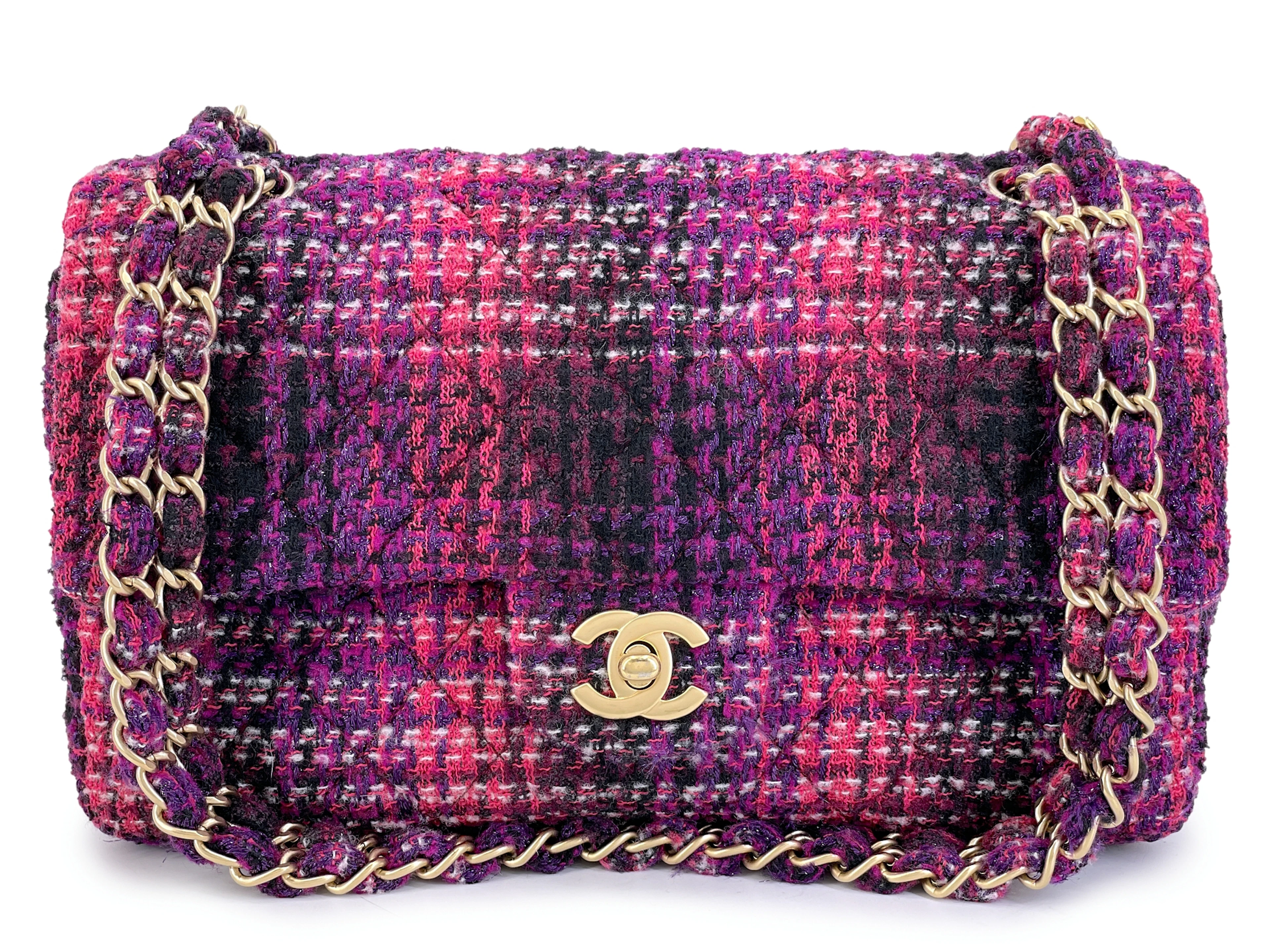 Fuchsia Purple Tweed Fused Chain Medium Classic Double Flap Bag Aged
