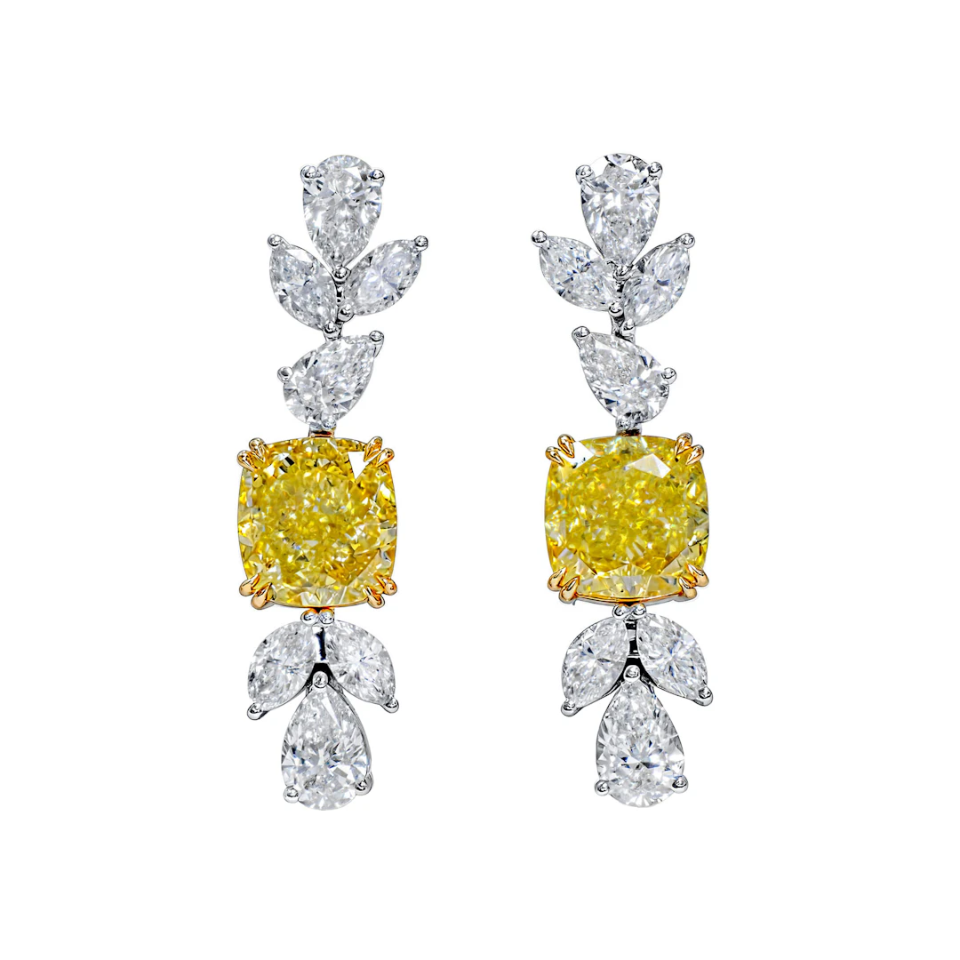 White Gold, 6.08ctw Cushion Cut Fancy Intense Yellow and Diamond Drop Earrings