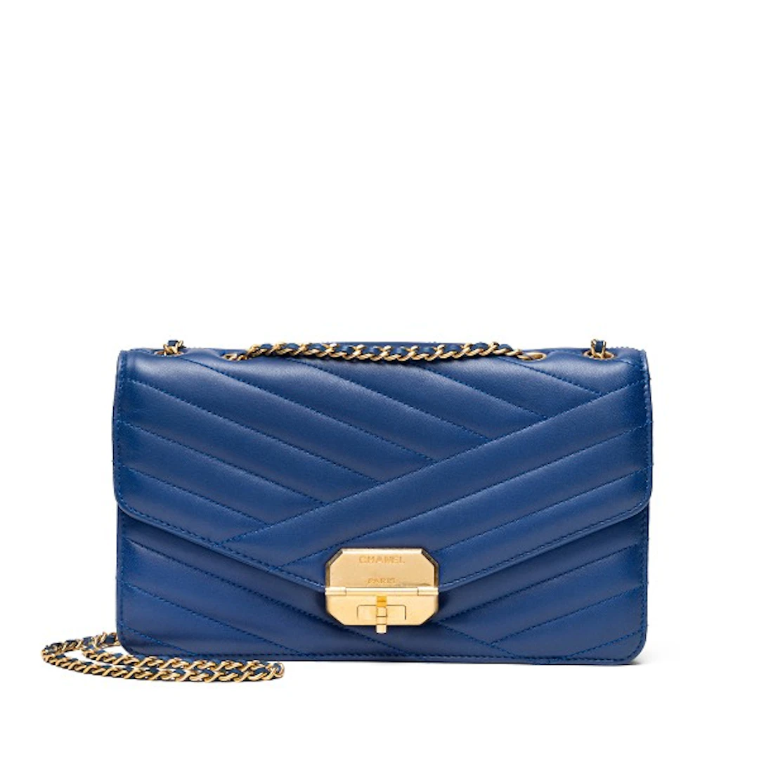 Blue Chevron Quilted Lambskin Retro Clasp Flap Bag Gold Hardware, 2012-2013
