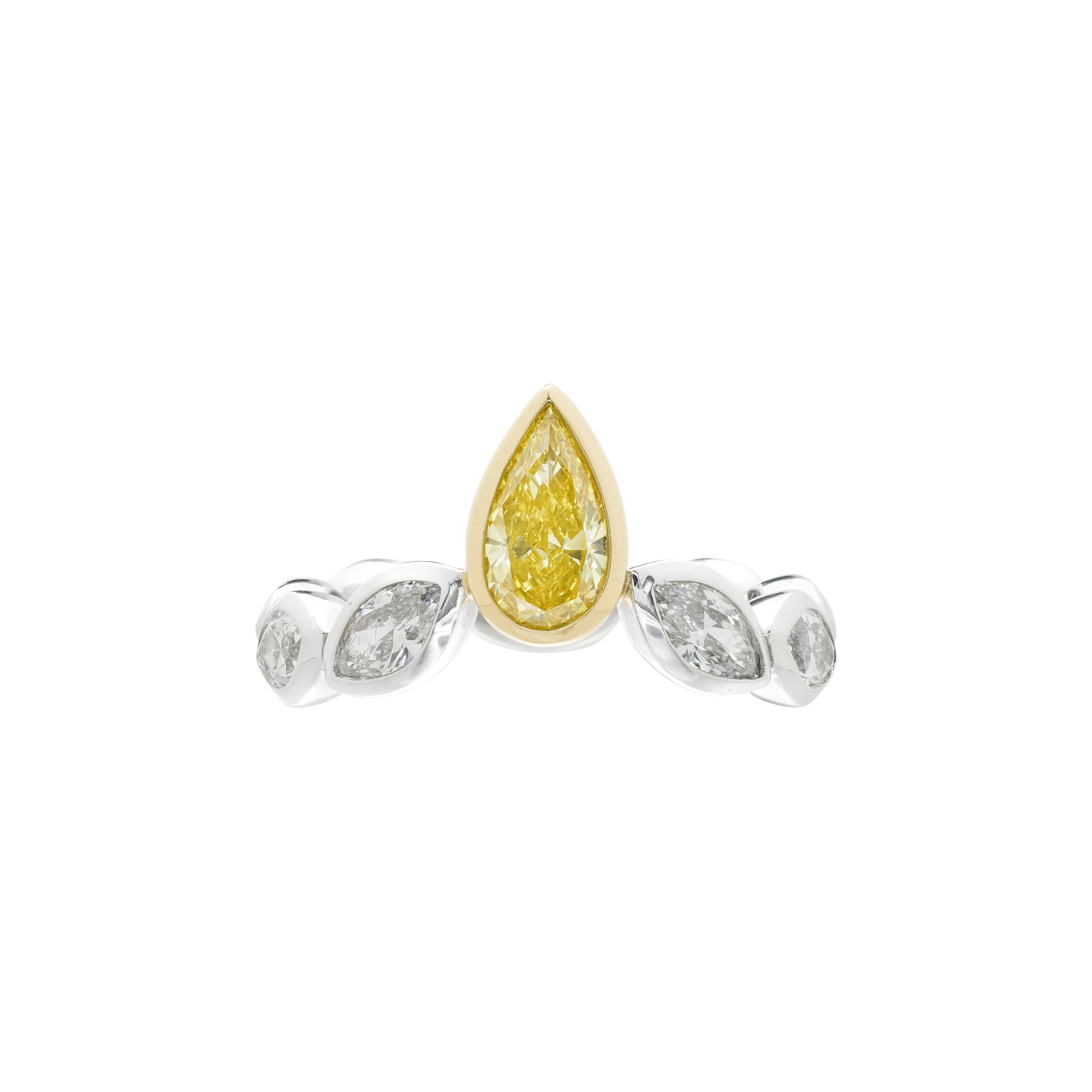 Platinum, Gold, 0.71ct Pear Shape Fancy Vivid Yellow Diamond and Diamond Ring