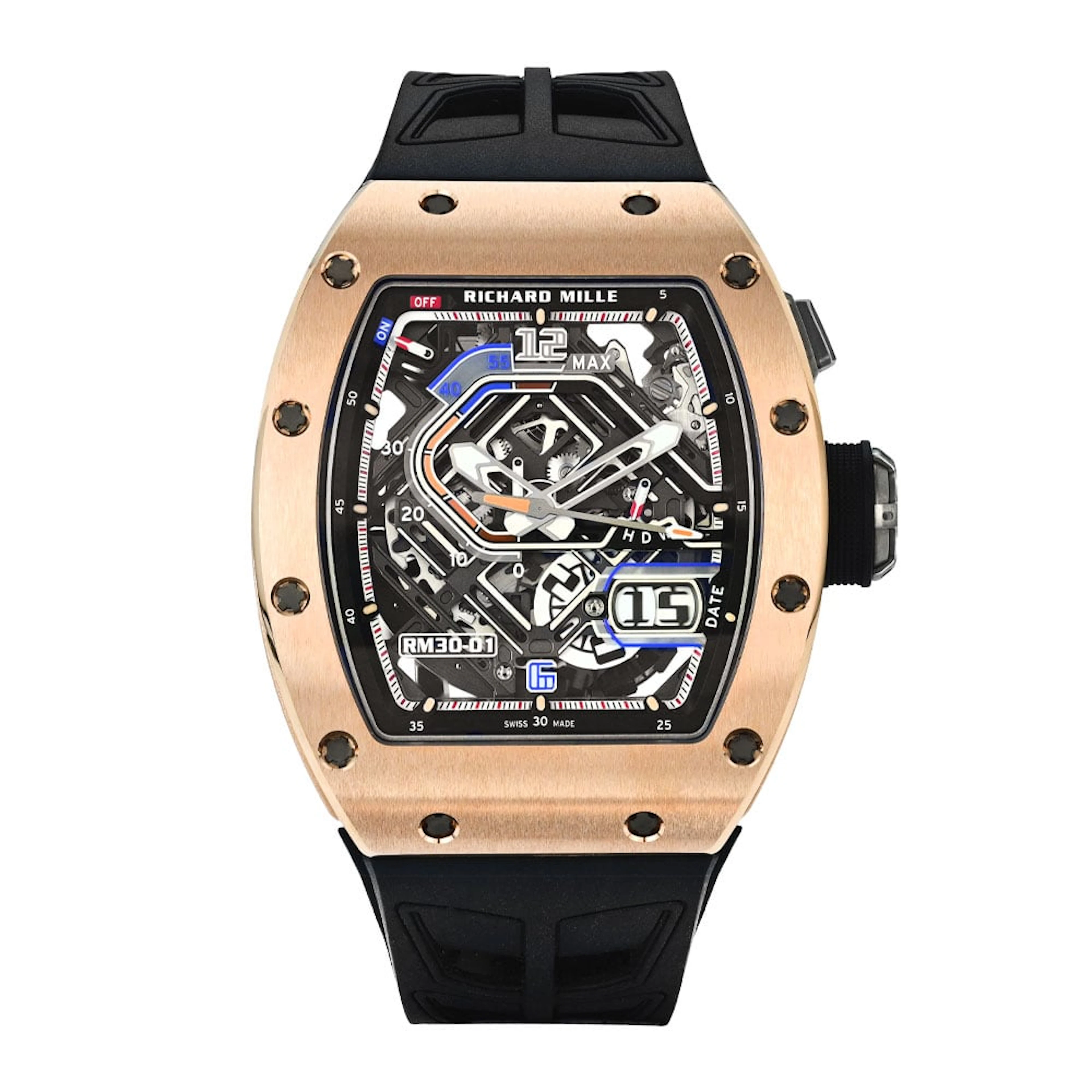 RM 30-01 (Reference RM30-01). A 50mm rose gold titanium automatic
