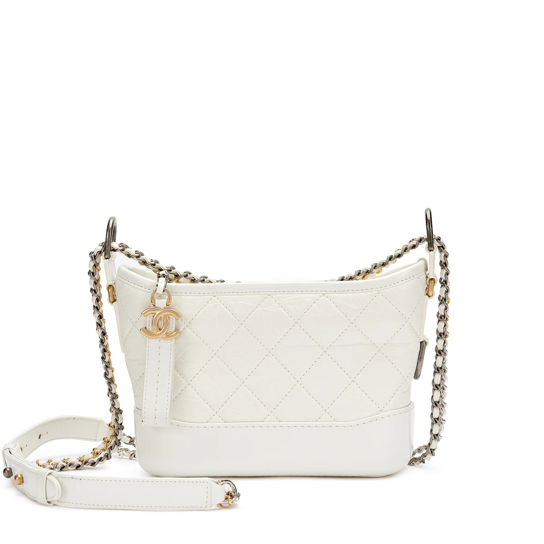 White Quilted Calfskin Small Gabrielle Hobo Bag Gold and Ruthenium