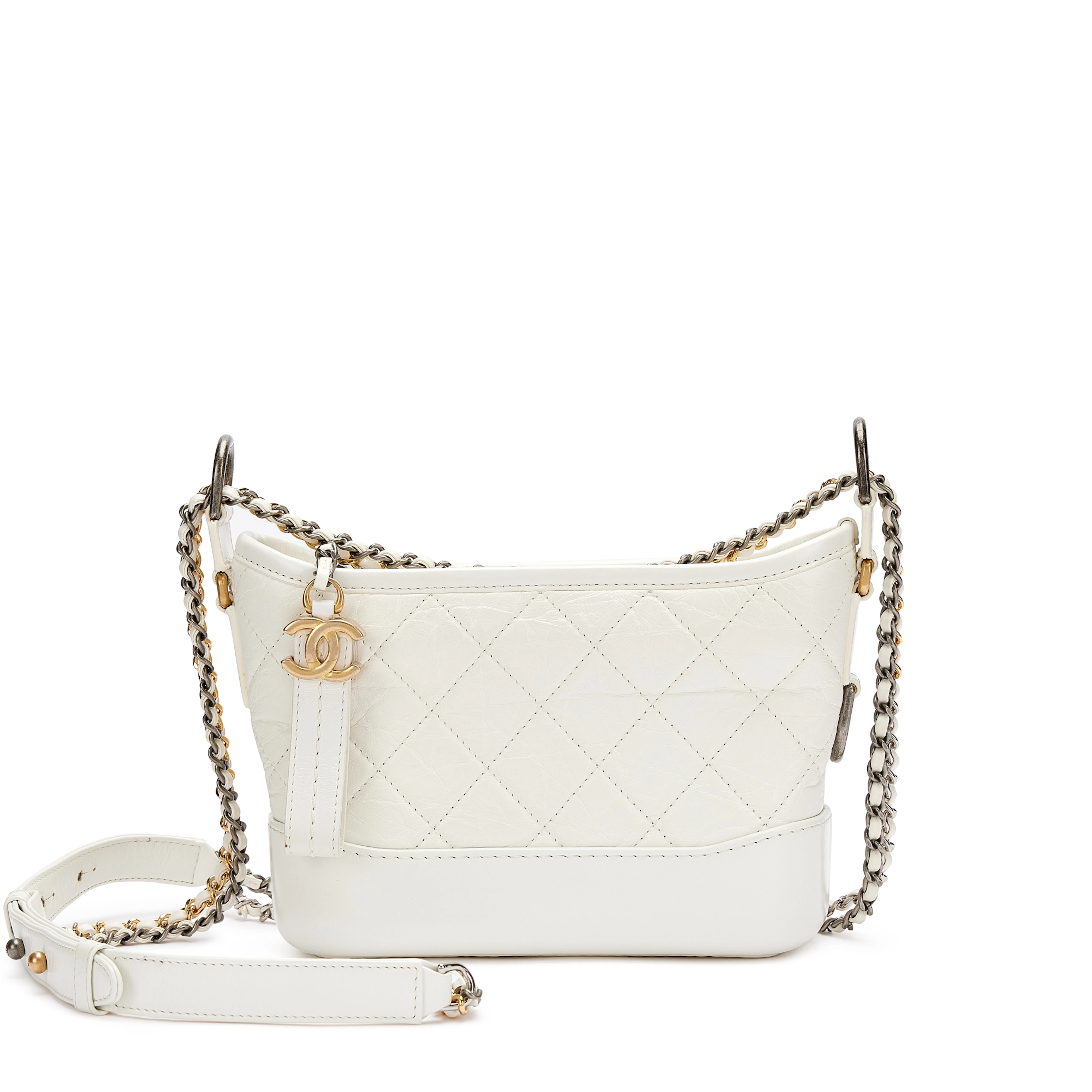 White Quilted Calfskin Small Gabrielle Hobo Bag Gold and Ruthenium