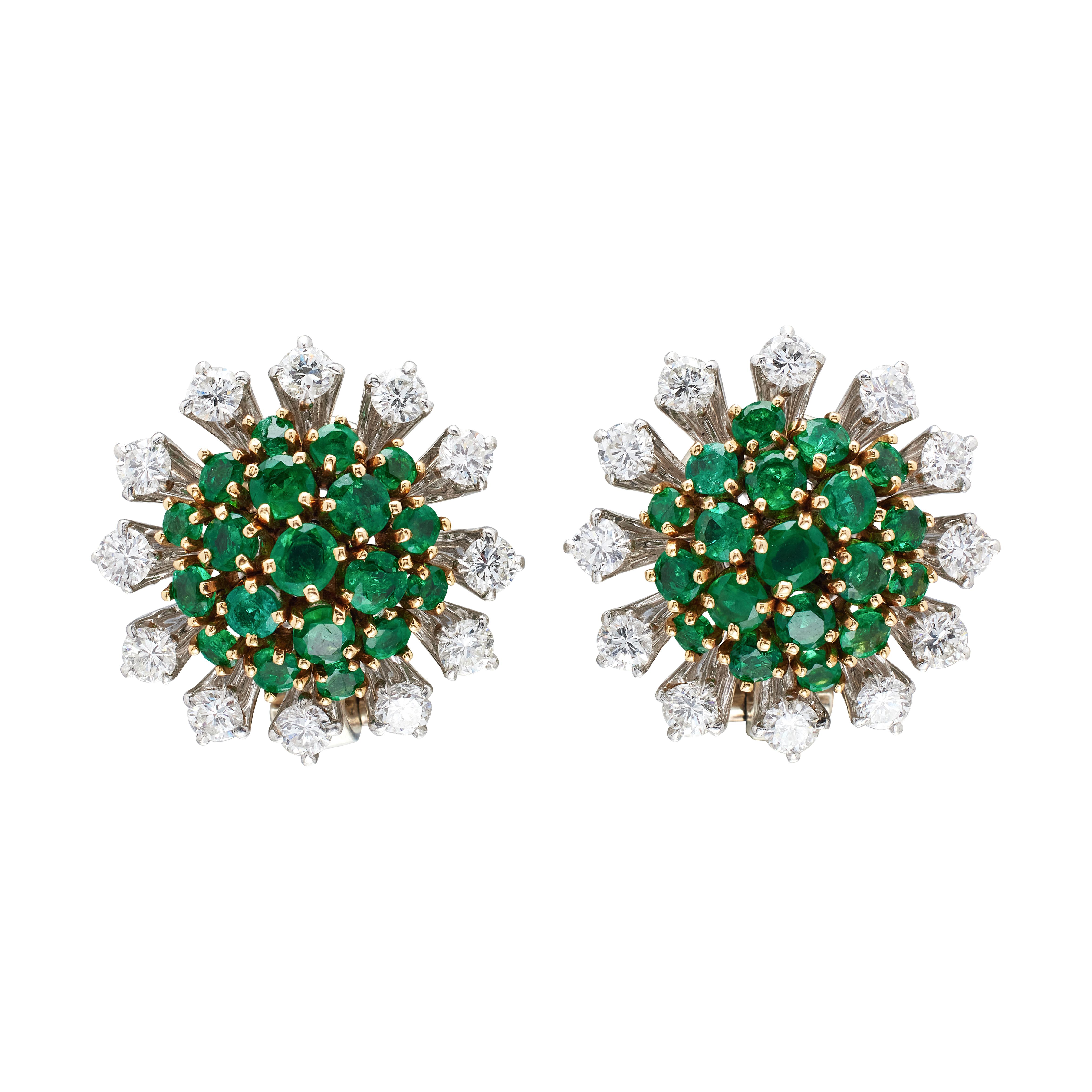 Vintage Palladium, Gold, Emerald and Diamond Earclips
